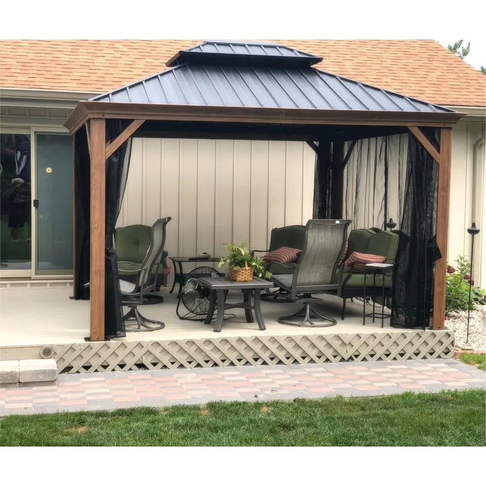 Outdoor Hardtop Gazebo for Patio Galvanized Steel Double Roof Permanent Canopy Teak Finish Coated Aluminum Frame Gazebo