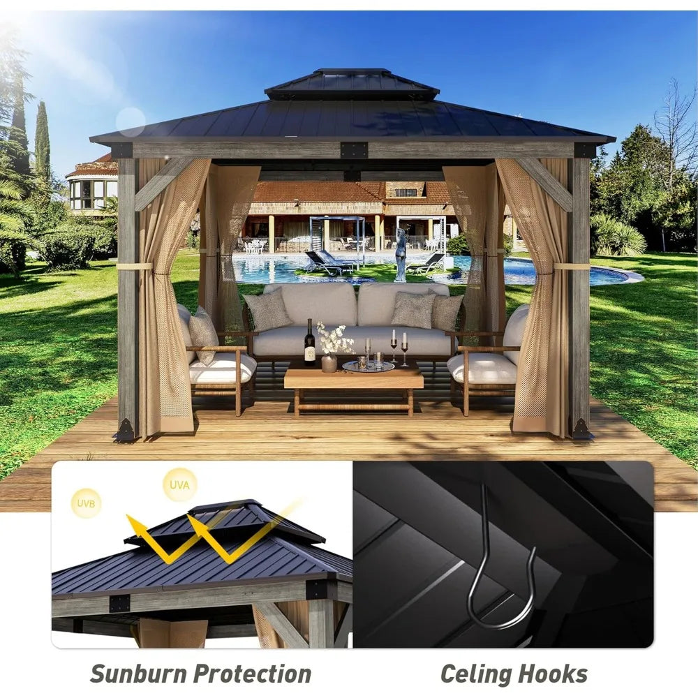 10x12 FT Hardtop Wood Gazebo, Cedar Wood Frame Gazebo with Double Metal Roof, Outdoor Gazebo