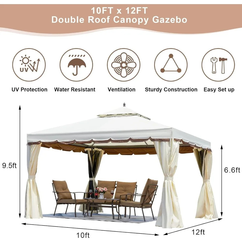 Outdoor Canopy Gazebo, Double Roof Patio Gazebo Steel Frame with Netting and Shade Curtains for Garden,Patio,Party Canopy