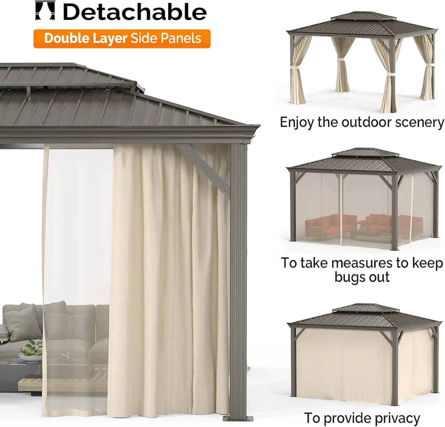 10’ x 12’/10’ x 13’ Outdoor Hardtop Gazebo Polycarbonate Double Roof Canopy Aluminum Frame Pavilion with Curtains