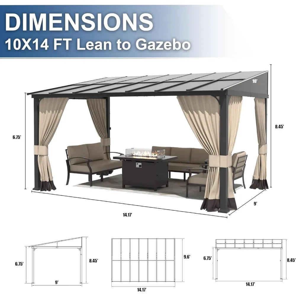 Outdoor Lean to Gazebo,Hardtop Wall Mounted Gazebo, Awnings for Patio with Metal Frame,Double Curtains for Garden,Lawn,Backyard