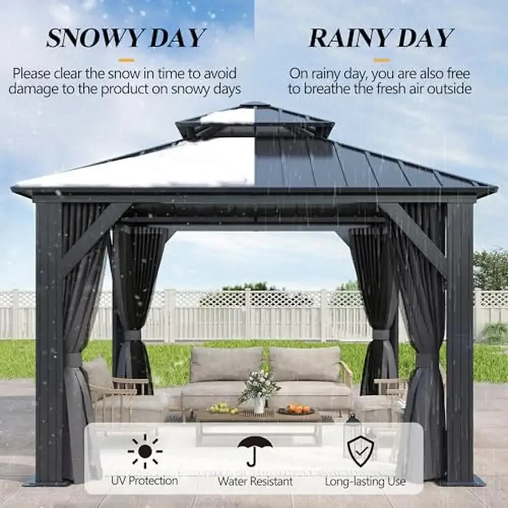 Outdoor Hardtop Gazebo Galvanized Iron Top Aluminum Frame Double Vented Netting Spacious Room Easy Assembly Sturdy Support