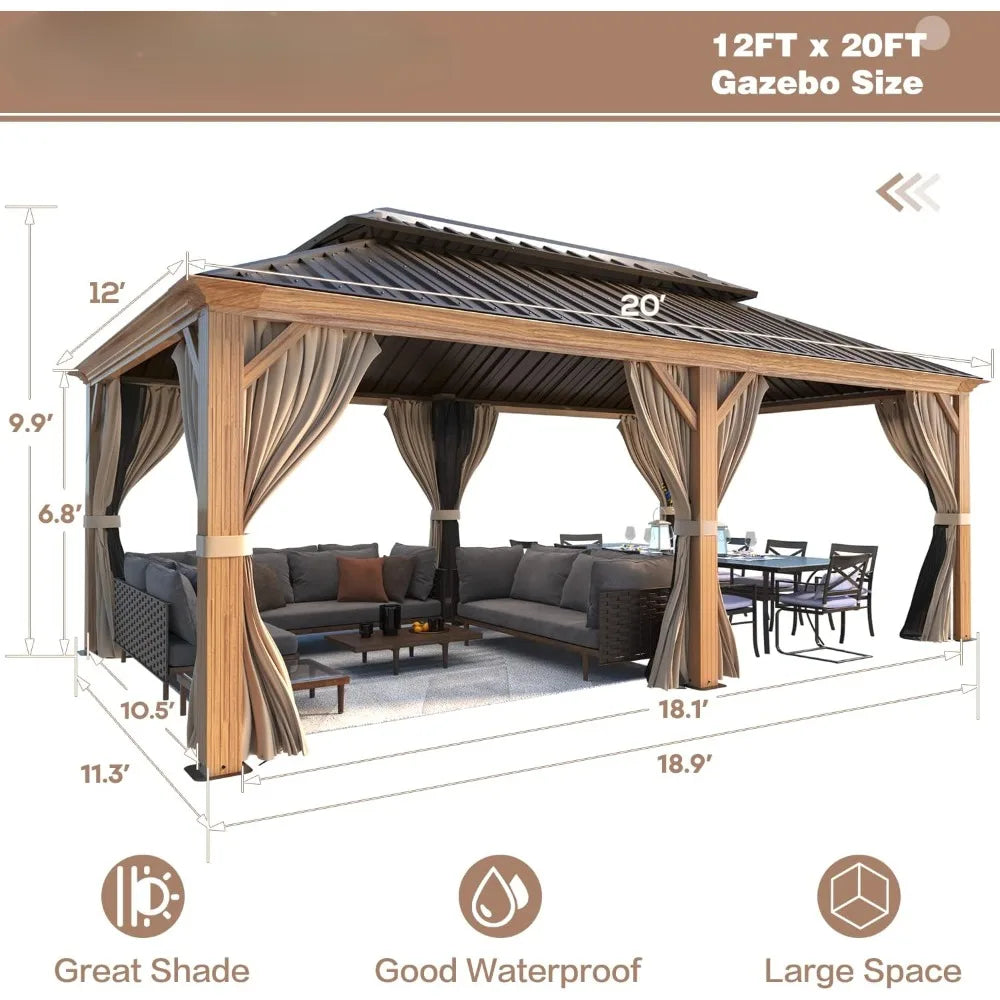 12'x20' Hardtop Gazebo, Wooden Finish Coated Aluminum Frame Gazebo with Galvanized Steel Roof, with Curtains and Nettings