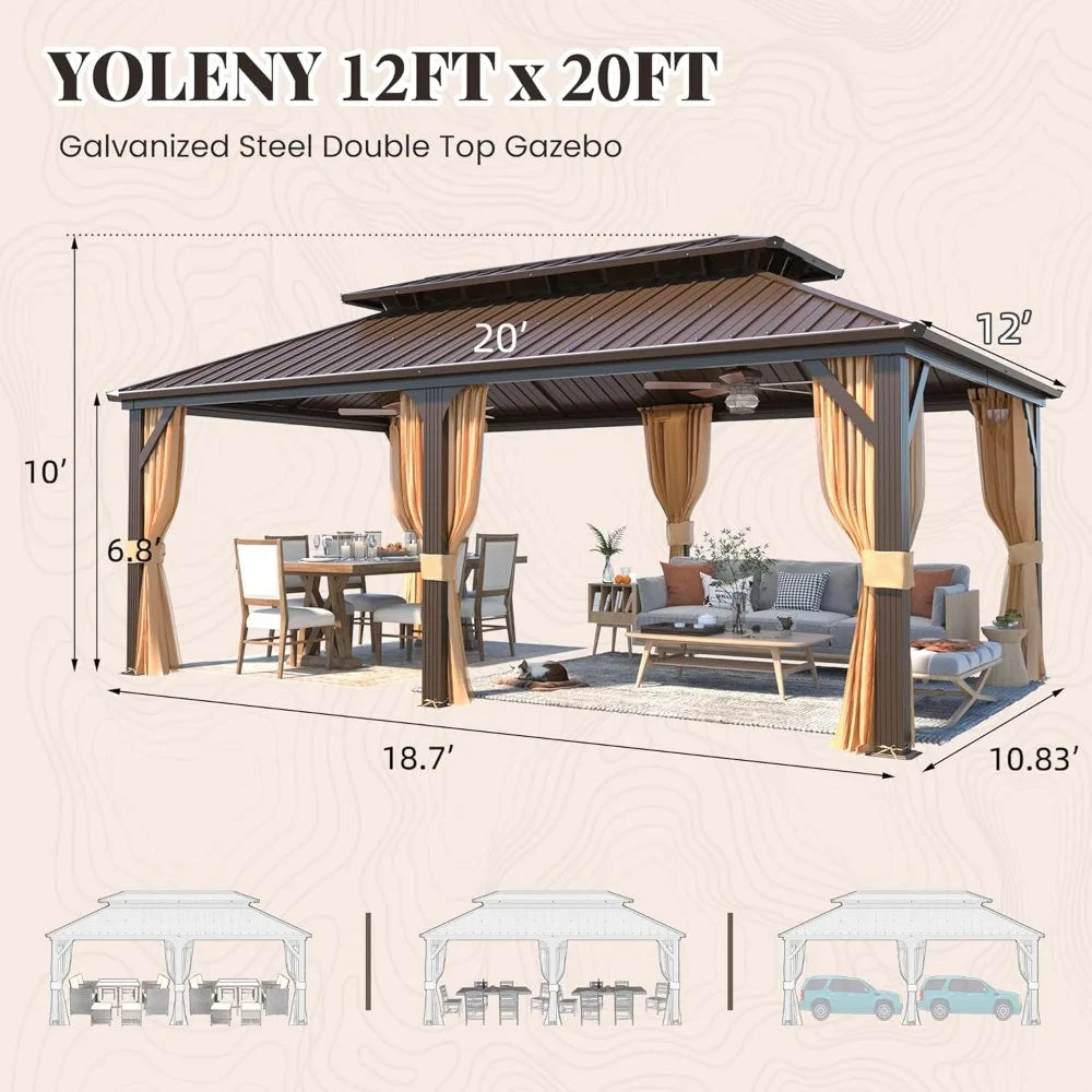 12' X 20'Hardtop Gazebo,Galvanized Steel Ventilation Double Roof Aluminum Frame,Outdoor Gazebo for Garden, Patio, Lawns, Parties