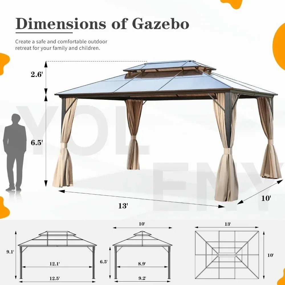 10 x 13 FT Outdoor Gazebo Polycarbonate Double Roof Canopy, Aluminum Frame Permanent Pavilion with Curtains and Netting