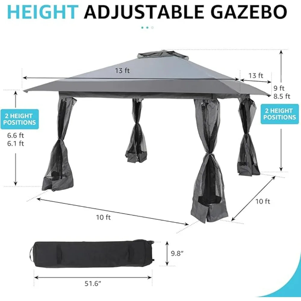 13x13 Ft Pop Up Gazebo, Outdoor Canopy Tent Shade with Metal Frame Mosquito Netting for Patio, Garden, Lawn, Backyard, Gray