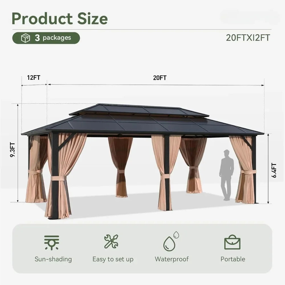 12'x20' Hardtop Gazebo, Aluminum Frame Permanent Pavilion with Curtains and Netting, Outdoor Polycarbonate Double Roof Canopy