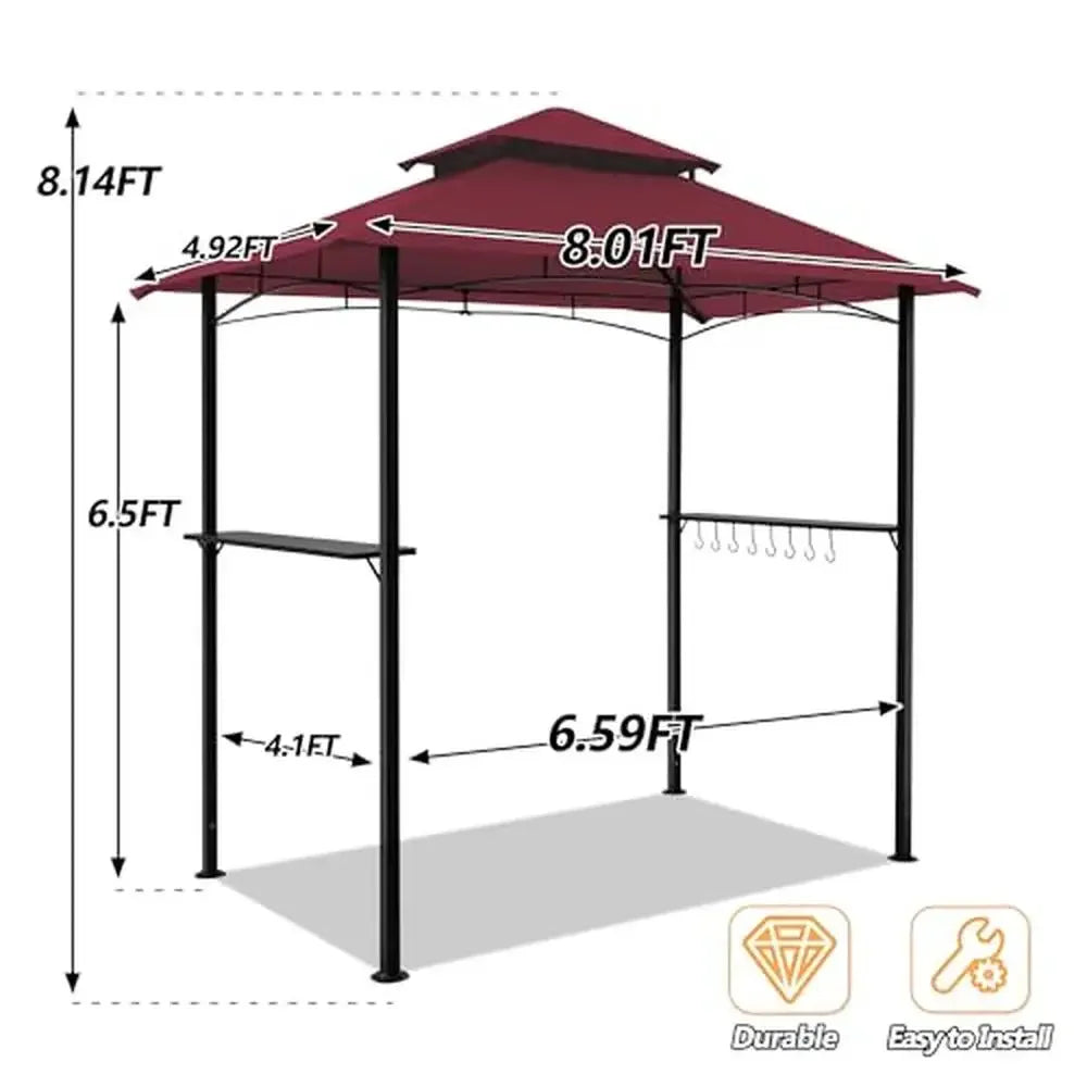 Double Tiered Grill Gazebo Canopy with LED Lights & Storage Shelves Sturdy Steel Frame Easy Assembly Ideal Outdoor Cooking