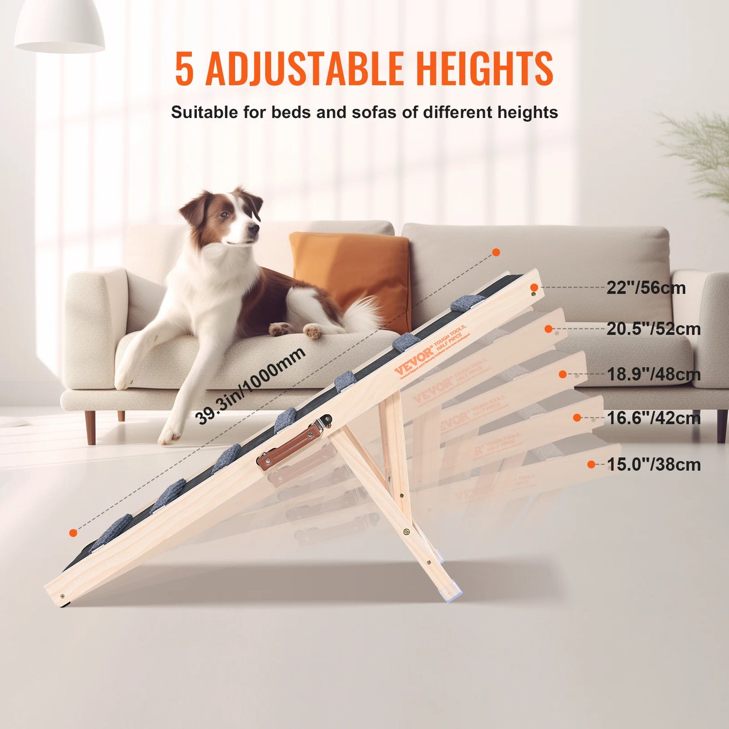 Dog Ramp Folding Ladder Anti-slip High Adjustable Wooden Pet Ramp Removable for Small Old Dog Climbing Stairs Sofa Car Bed