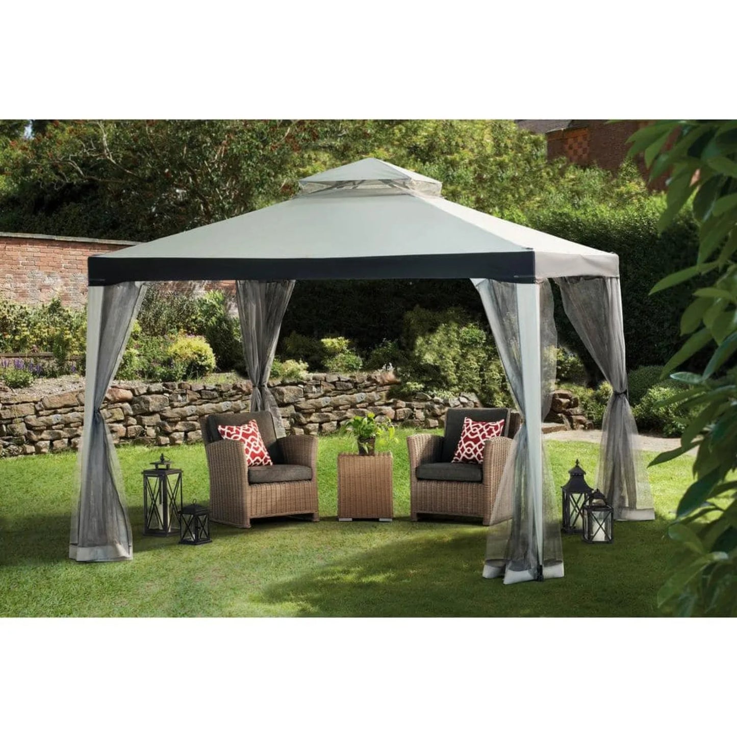 US 10 ft. x 10 ft. Outdoor Patio Gazebo, Outdoor Backyard Modern Grey 2-Tier Steel Frame Soft Top Gazebo with Mesh Netting