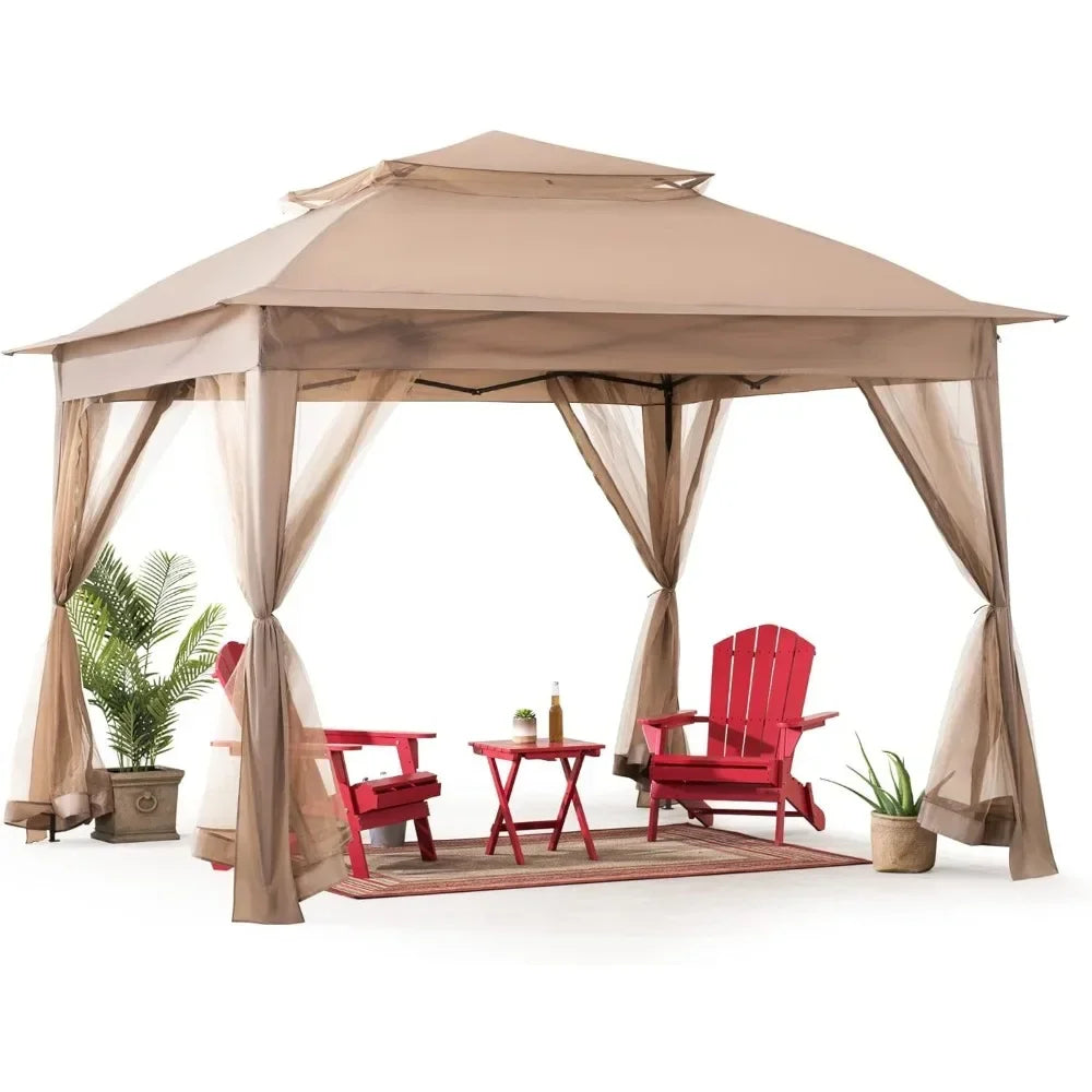 11x11 ft. Pop-Up Instant Gazebo, Outdoor Portable Steel Frame 2-Tier Top Canopy/Tent with Netting and Carry Bag, Patio Gazebos