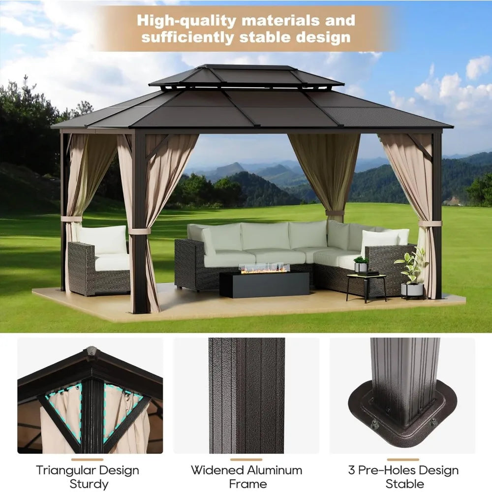 Hardtop Gazebo, Double Polycarbonate Roof Metal Canopy with Netting & Curtains, Outdoor Aluminum Frame Pavilion for Patios