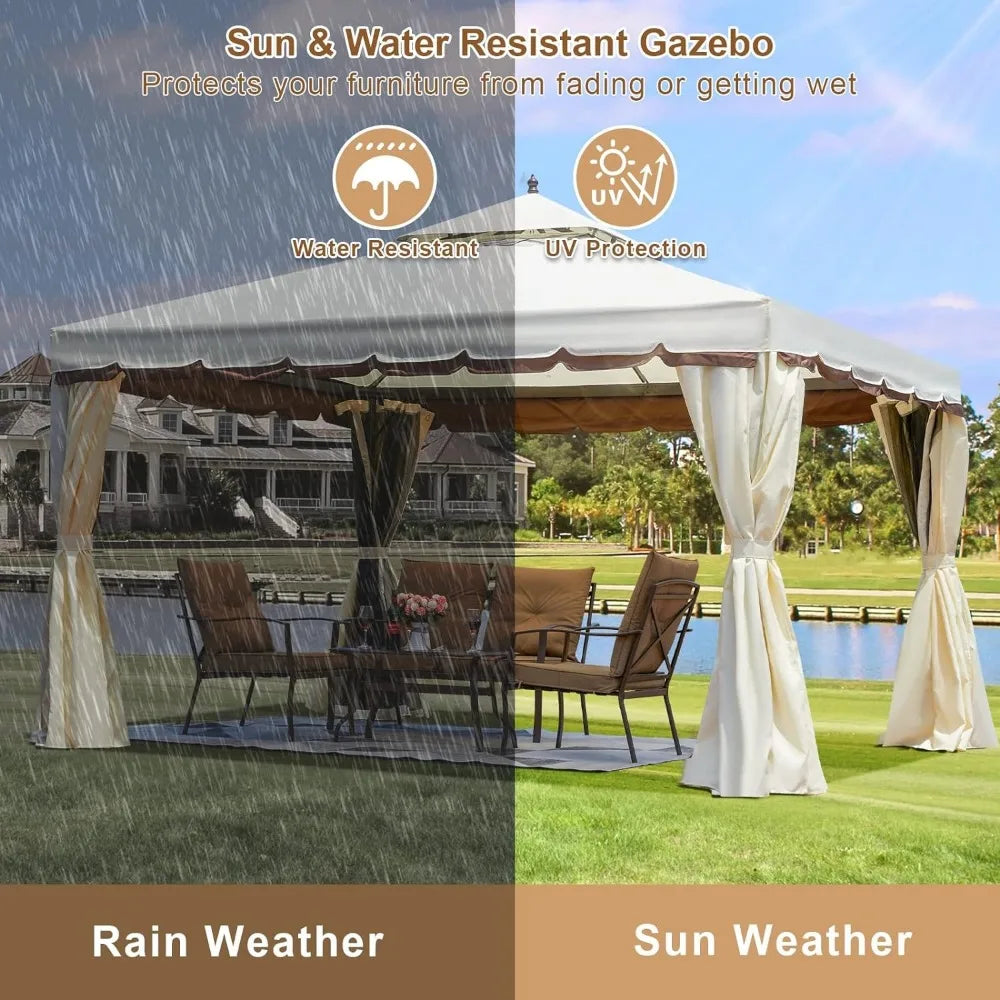 Outdoor Canopy Gazebo, Double Roof Patio Gazebo Steel Frame with Netting and Shade Curtains for Garden,Patio,Party Canopy