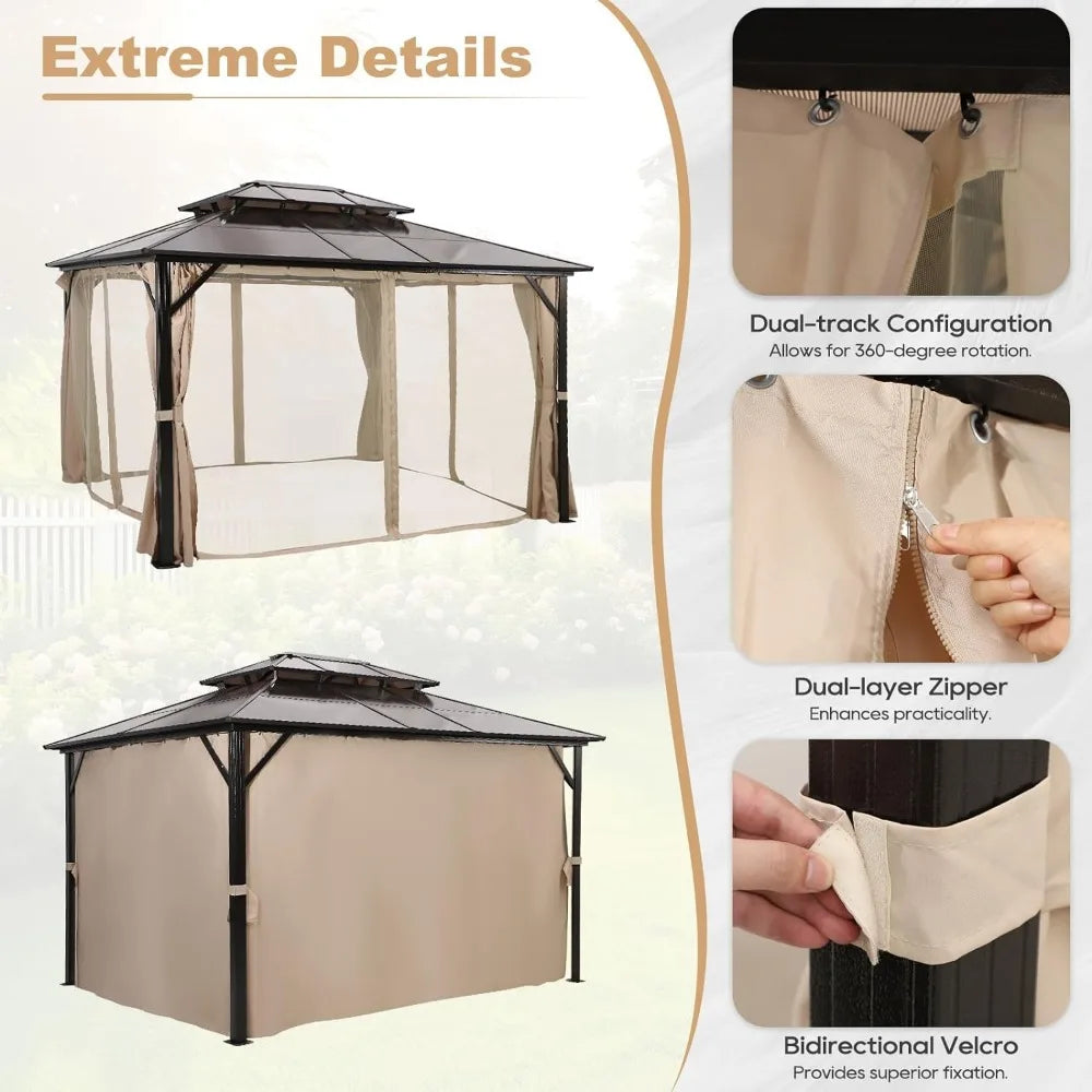 Hardtop Gazebo, Double Polycarbonate Roof Metal Canopy with Netting & Curtains, Outdoor Aluminum Frame Pavilion for Patios