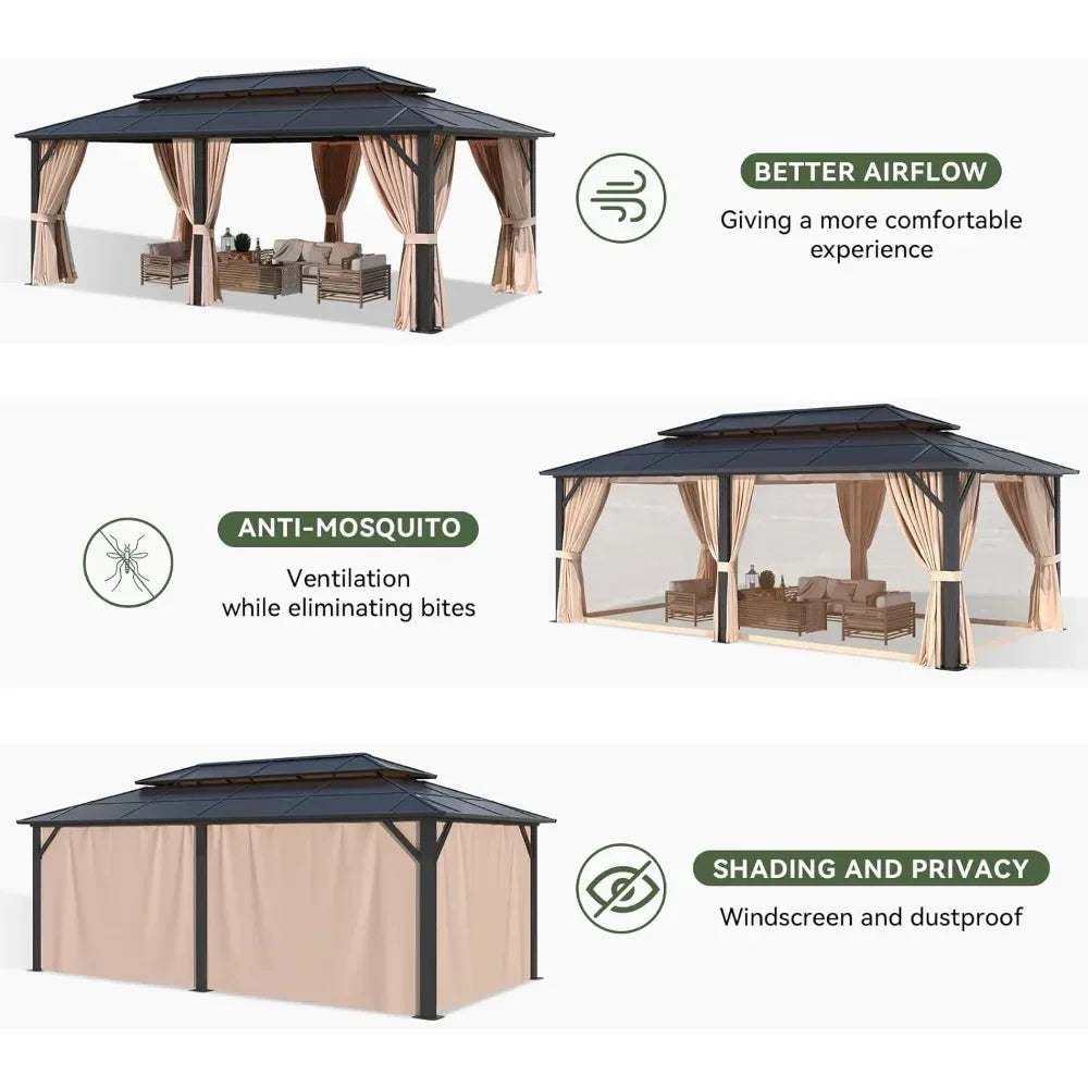 12'x20' Hardtop Gazebo, Aluminum Frame Permanent Pavilion with Curtains and Netting, Outdoor Polycarbonate Double Roof Canopy