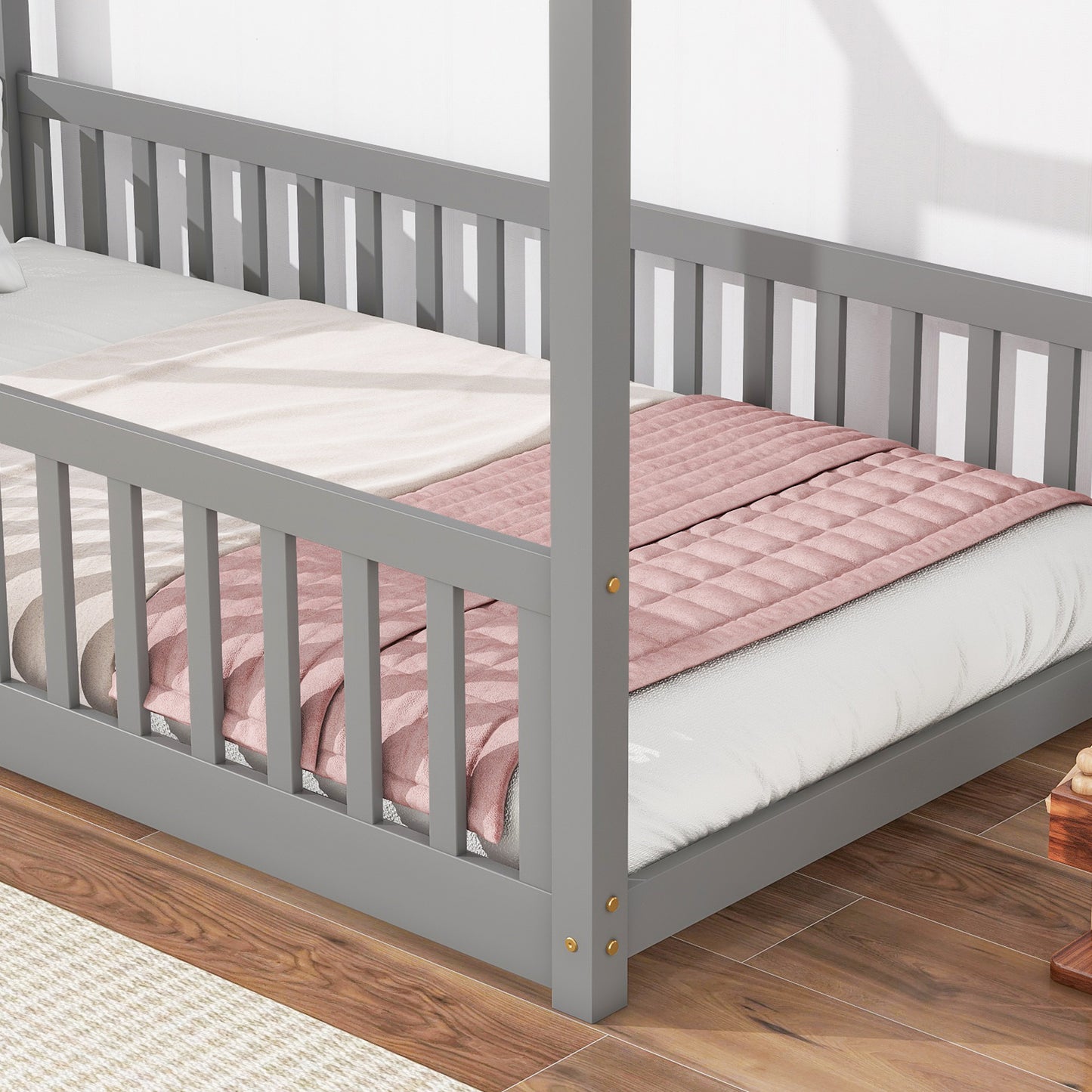 Twin House Bed with Guardrails, Slats ,Grey