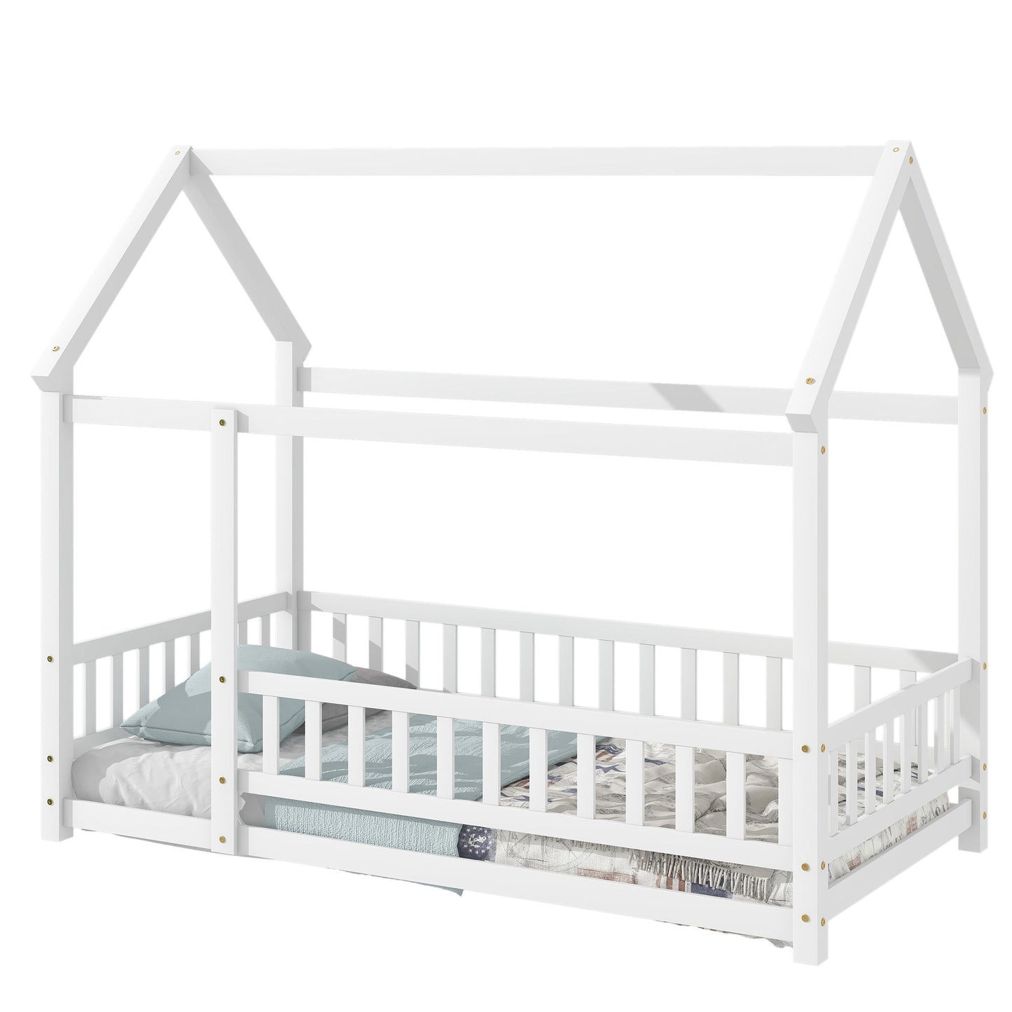 Twin Size Floor Wooden Bed with House Roof Frame, Fence Guardrails,White(Old SKU:W50471472)