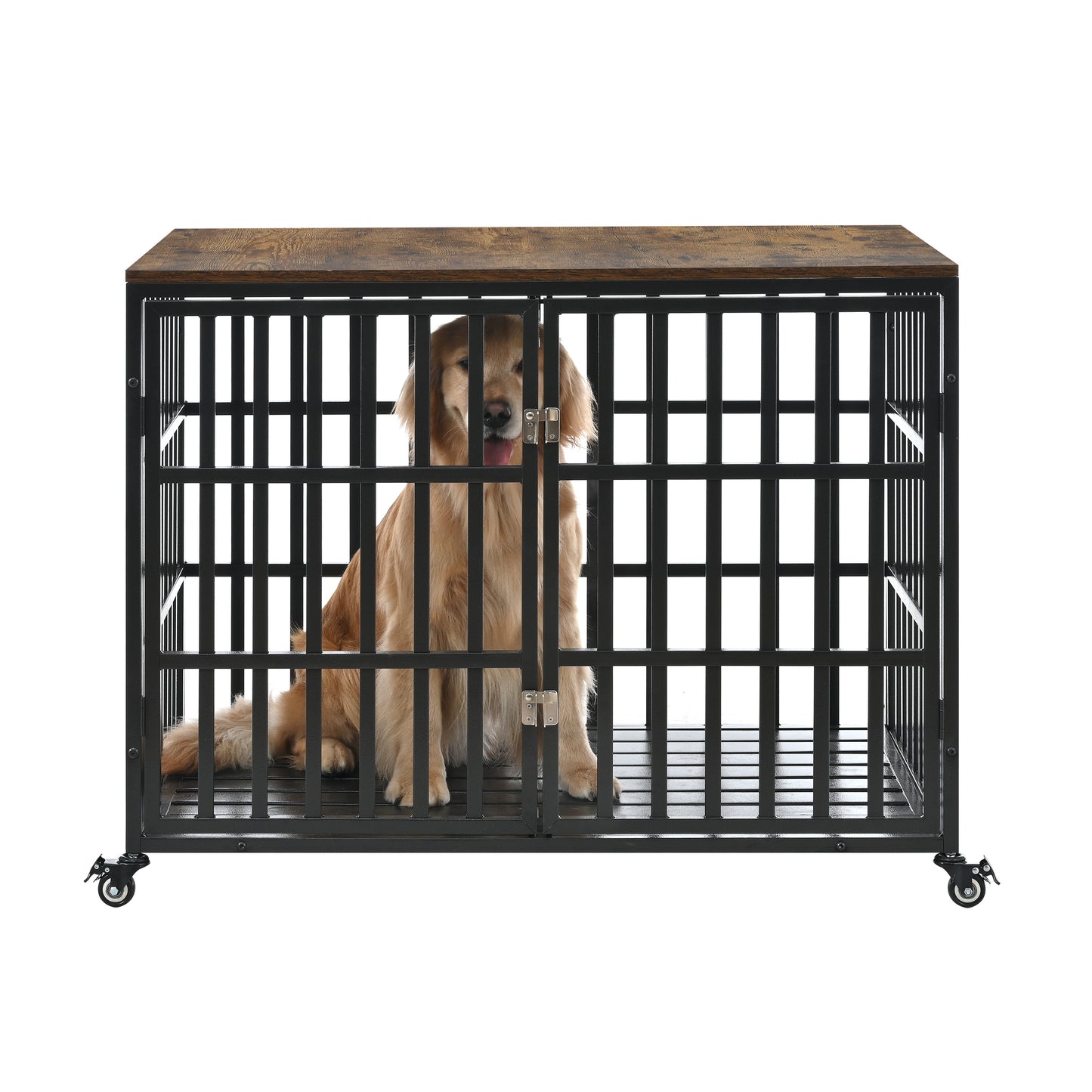 42" Heavy Duty Dog Crate for Large Medium Dogs, Furniture Style cage with 4 Lockable Wheels and 2 Locks, Decorative Pet House Wooden Cage Kennel Furniture Indoor