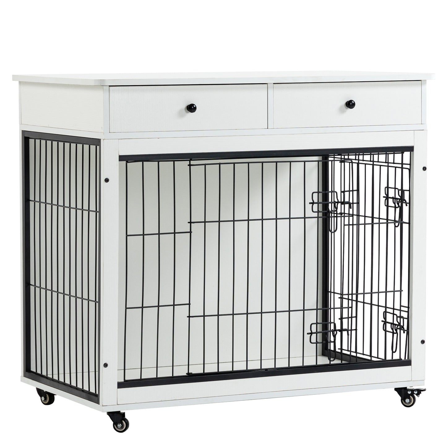 Dog Crate Furniture, Wooden Dog Crate End Table, 38.4 Inch Dog Kennel with 2 Drawers Storage, Heavy Duty Dog Crate, Decorative Pet Crate Dog Cage for Large Indoor Use (White) 38.4" L×23.2" W×35" H