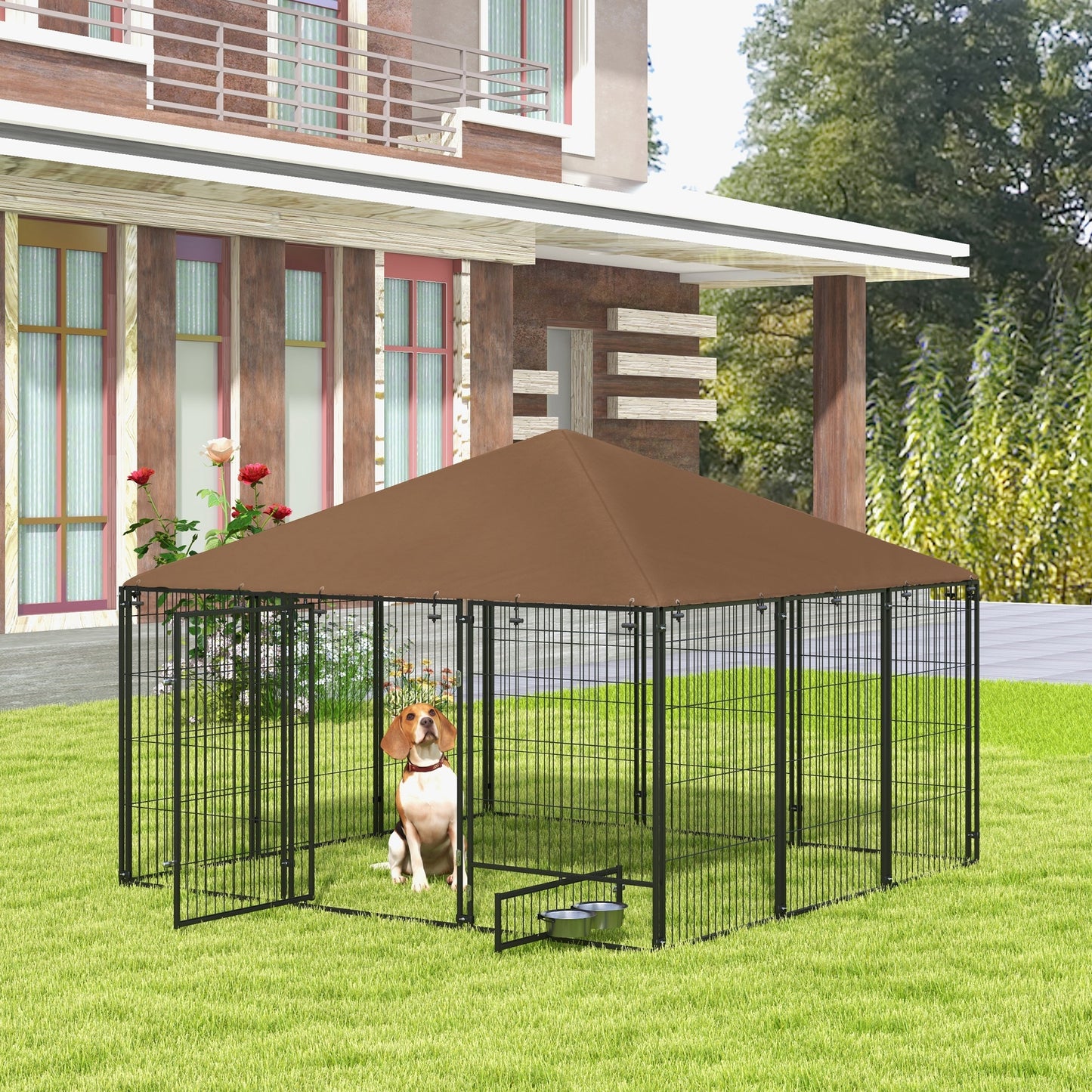 PawHut Outside Dog Kennel, 6.9' x 6.9' x 5' Puppy Play Pen with Canopy, Garden Playpen Fence Crate Enclosure Cage Rotating Bowl, Coffee