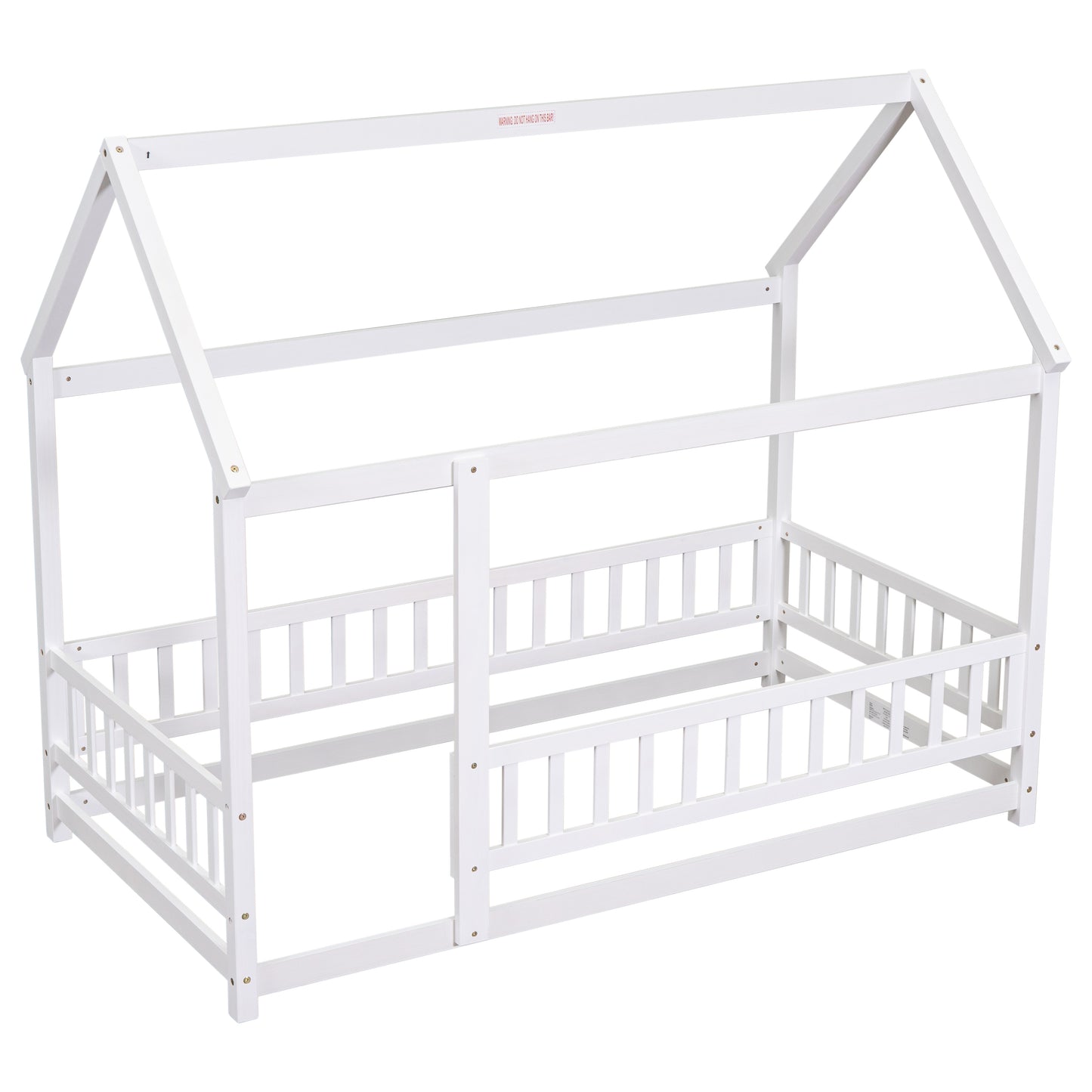 Twin Size Floor Wooden Bed with House Roof Frame, Fence Guardrails,White(Old SKU:W50471472)