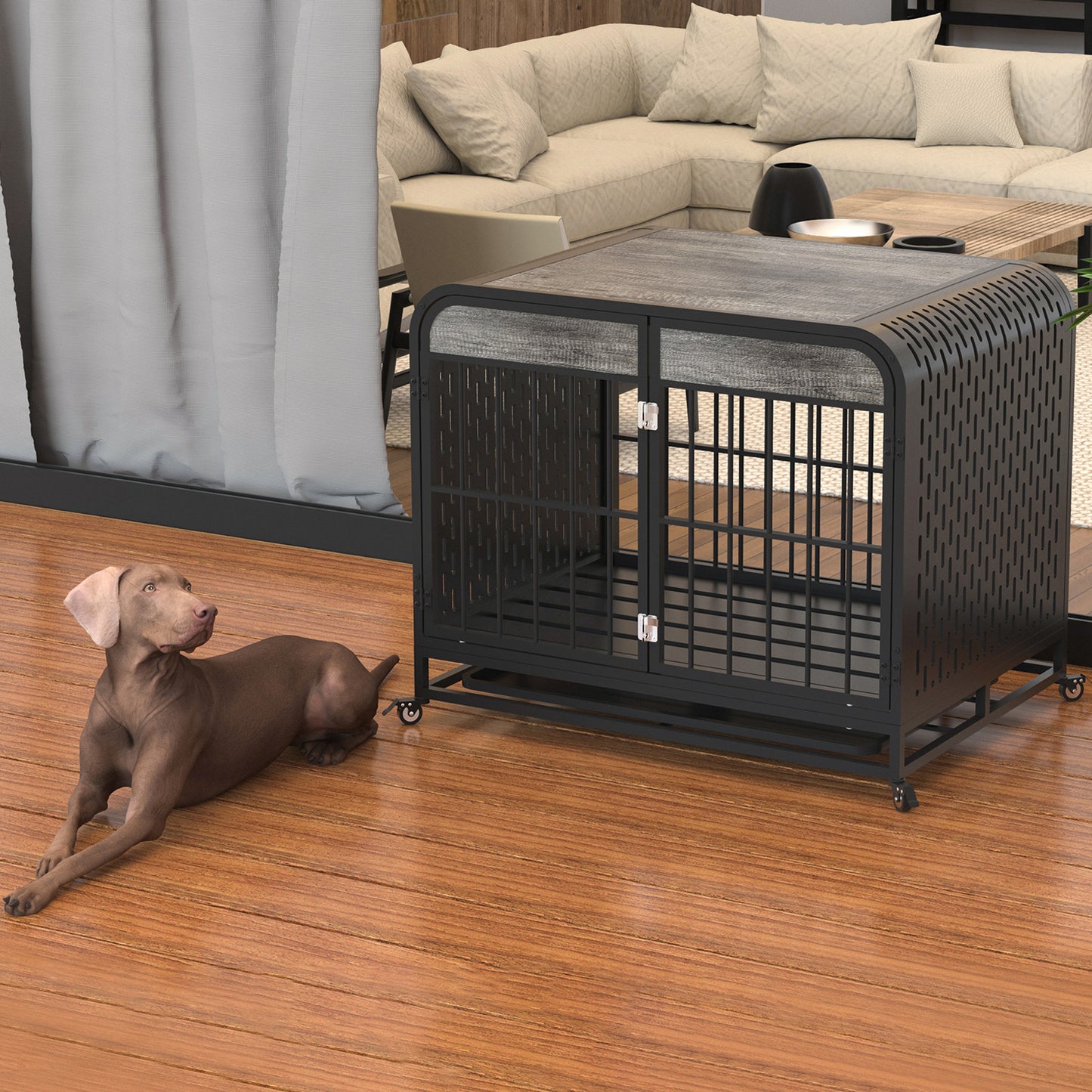 Heavy Duty Dog Crate Furniture Wooden Table Pet Dog Cage Kennel House Indoor Side End Table Decor with Removable Trays and Lockable Wheels for Small Dogs 33" Grey