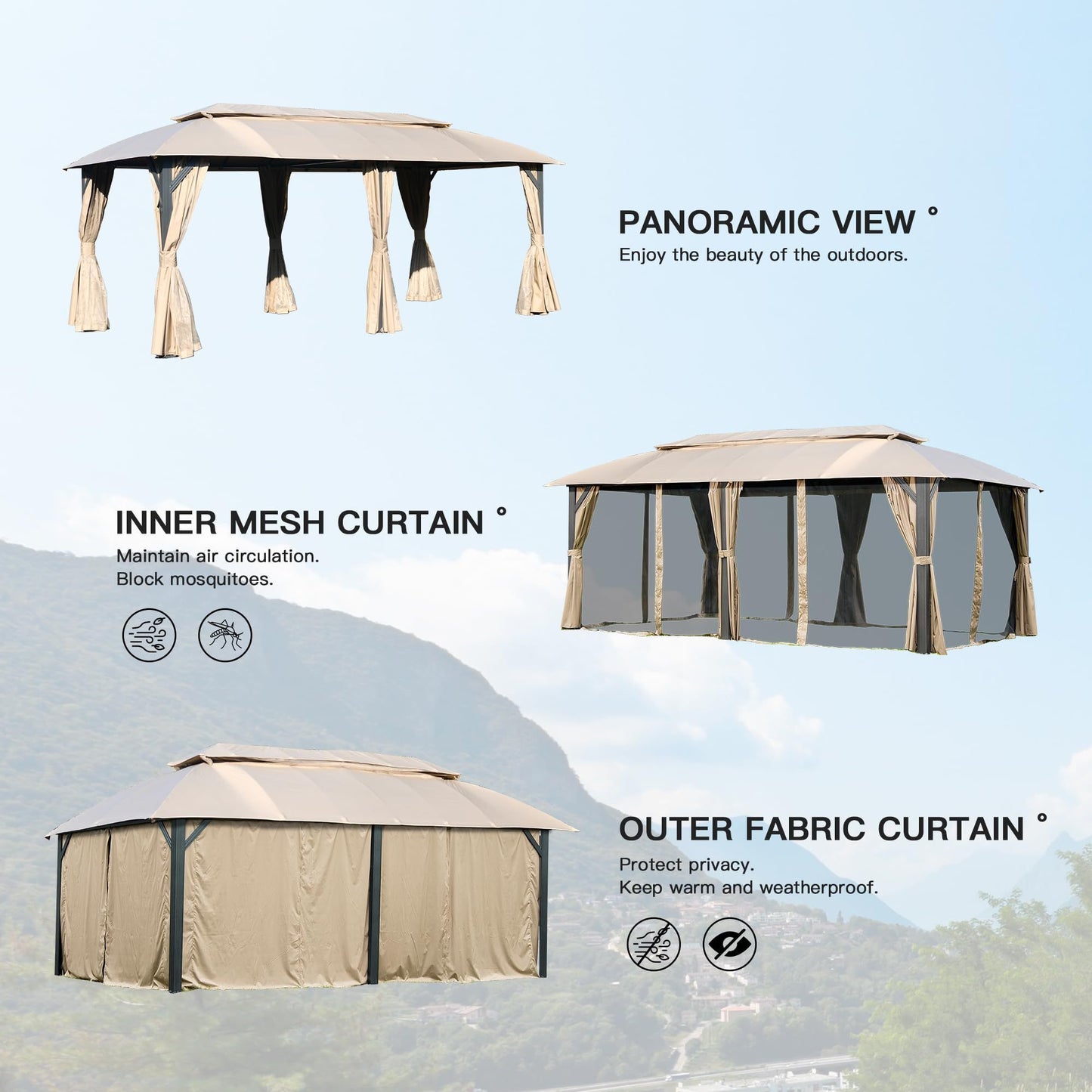 Gazebo 10x20FT, Outdoor Gazebo with Double Roofs, Privacy Curtains, Mosquito Nettings, Heavy Duty Metal Frame Party Tent Canopy for Patio, Backyard, Deck, Lawn, Brown