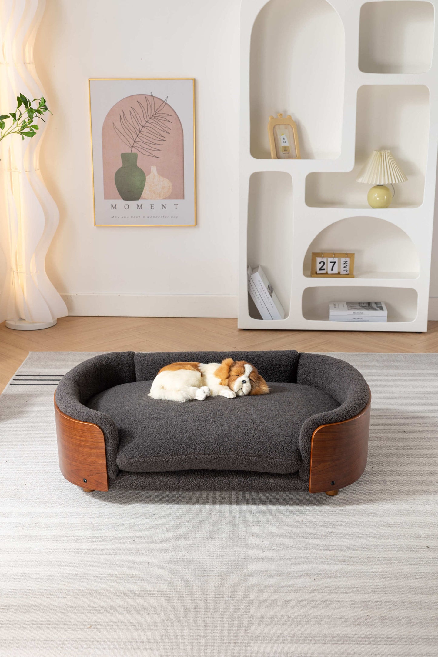 Scandinavian style Elevated Dog Bed Pet Sofa With Solid Wood legs and Walnut Bent Wood Back, Cashmere Cushion,Large Size