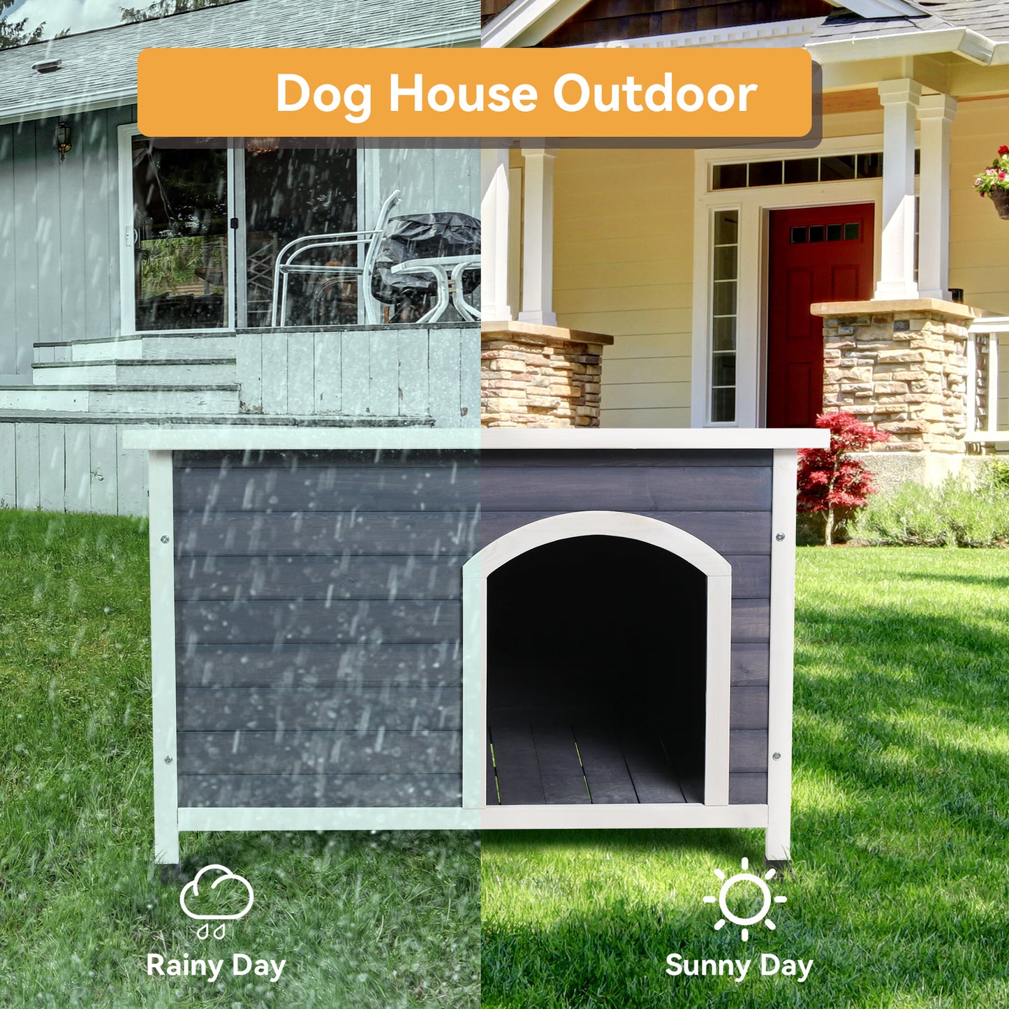 Small Wooden Outdoor Dog House, Waterproof Roof, Elevated Floor, Grey