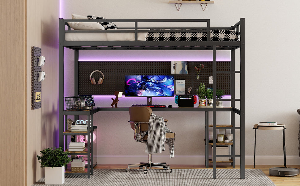 Full XL Metal Loft Bed with Desk and Shelves, Loft Bed with Ladder and Guardrails, Loft Bed Frame for Bedroom, Black