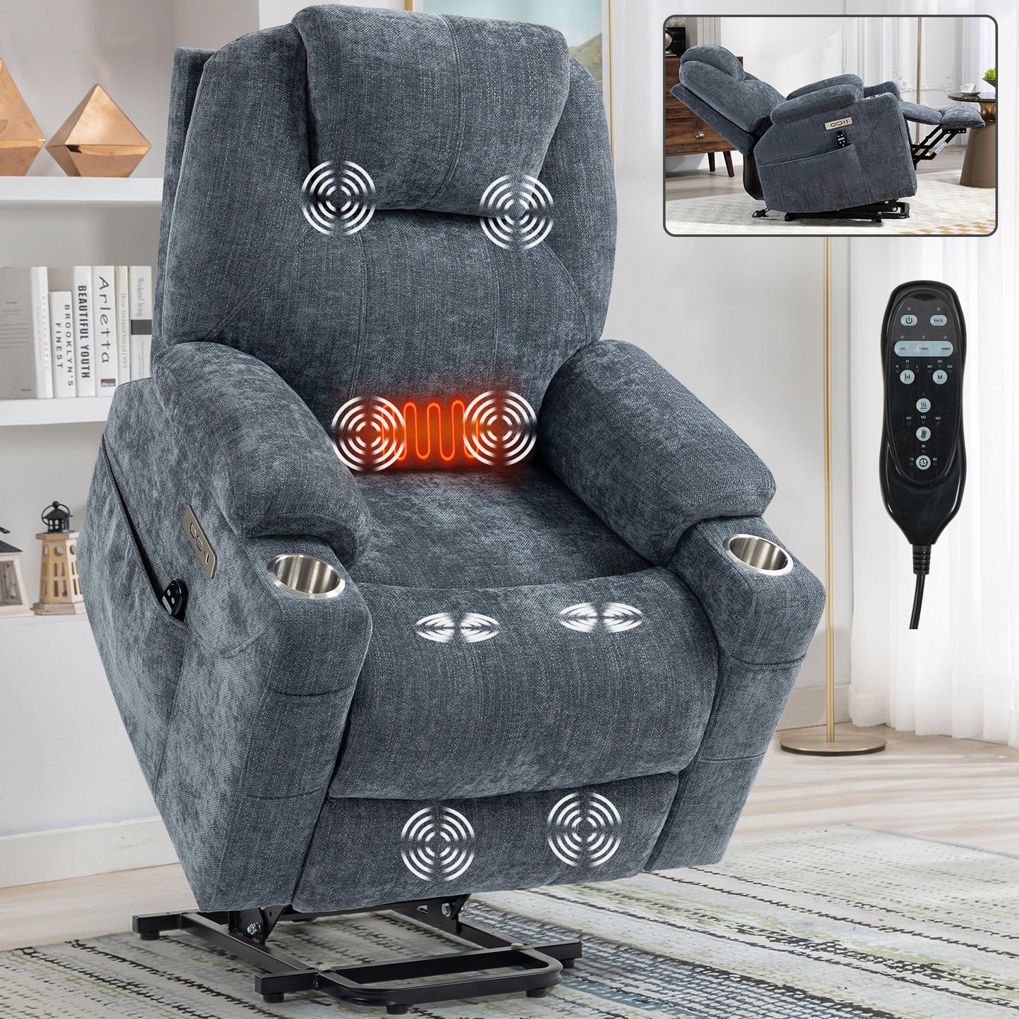 Up to 350 LBS Chenille Power Lift Recliner Chair, Heavy Duty Motion Mechanism with 8-Point Vibration Massage and Lumbar Heating, USB and Type-C Ports, Stainless Steel Cup Holders, Blue