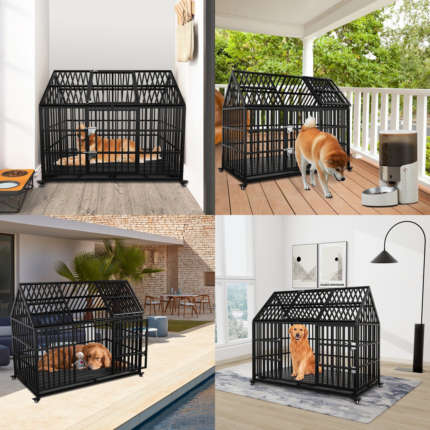 54" Heavy Duty Dog Crate Large Dog cage Strong Metal Dog Kennels and Crates for Large Dogs Top Open with 2 Doors 4 Lockable Wheels 2 Removable Trays