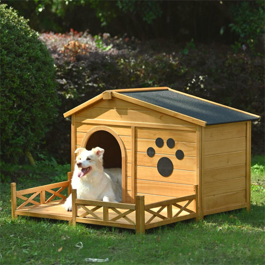 48" Wooden Dog House Outdoor with Porch, Dog Kennel with Water-Resistant Asphalt Roof and Fencing,Indoor & Outdoor Dog Crate with Paw Print, Medium, Nature