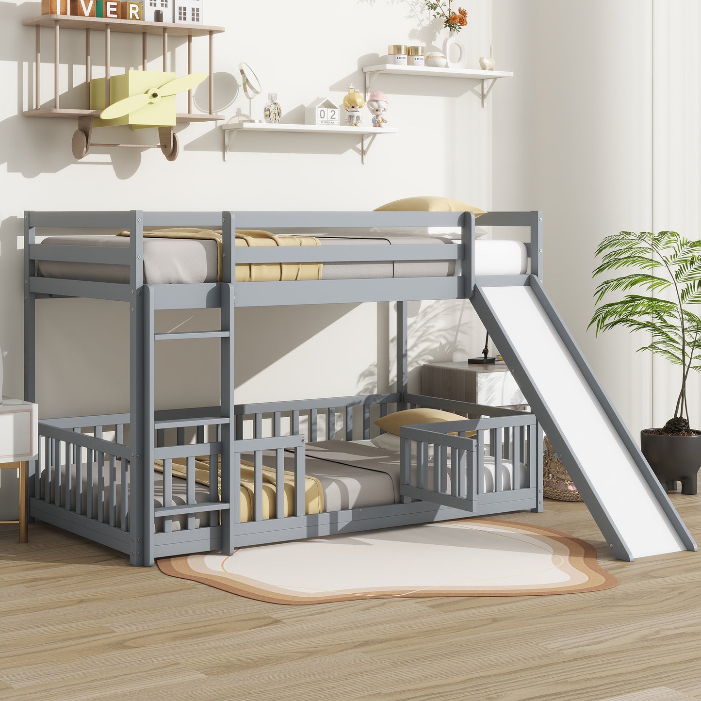 Twin Over Twin Floor Bunk Bed with Slide, Ladder, Door, Safety Guardrails, Solid Pine Wood Bunk Bed ,Grey