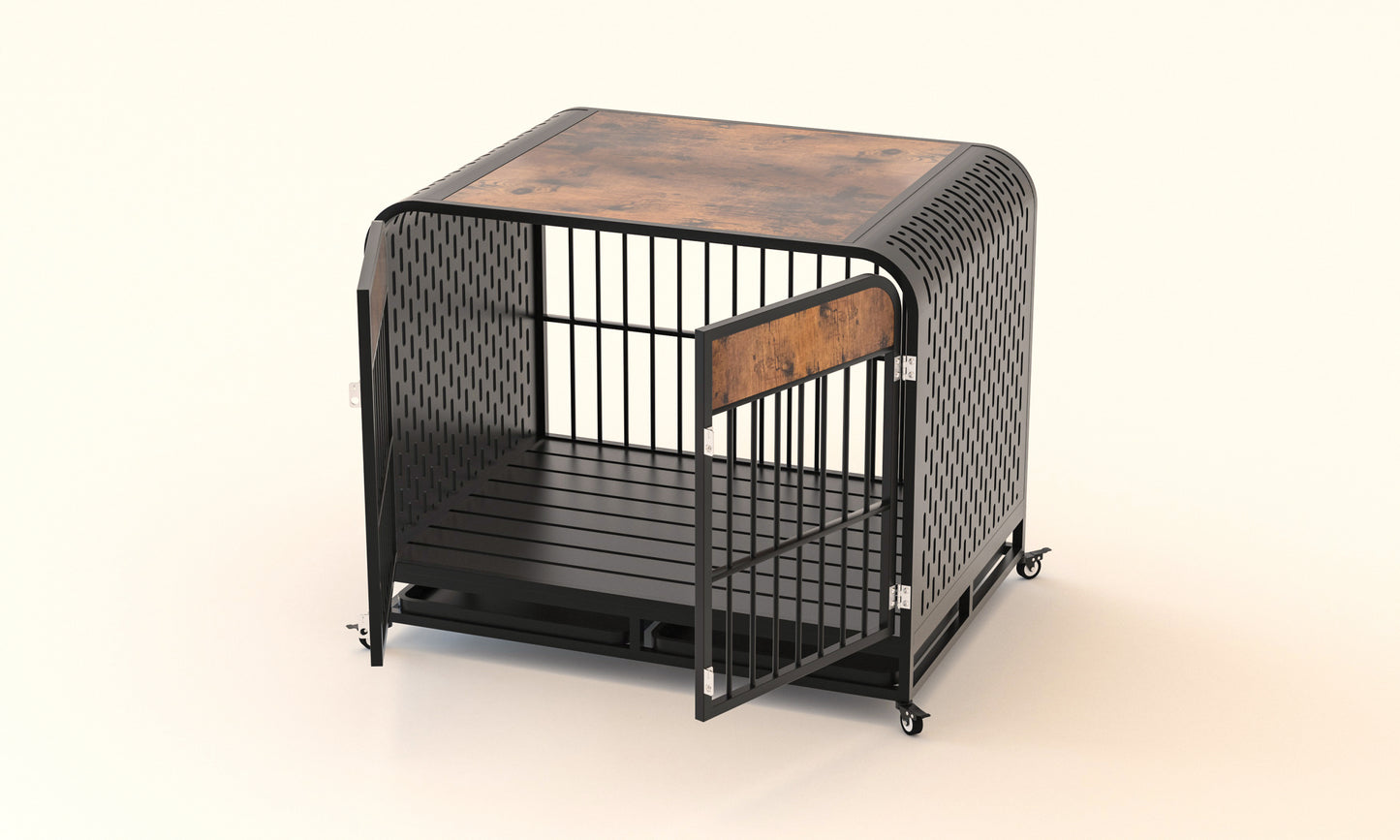 Heavy Duty Dog Crate Furniture Wooden Table Pet Dog Cage Kennel House Indoor Side End Table Decor with Removable Trays and Lockable Wheels for Medium and Large Dogs 42" Brown