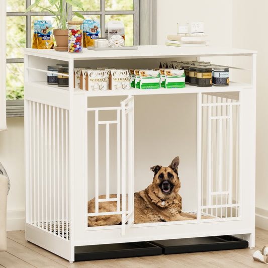 43.3 inch Dog Crate Furniture for Large Dogs,Wooden Dog Crate with Divider,Double Door Dog Kennel with Three Drawers Storages,Heavy Duty Dogs Decorative Pet House for Large Medium Dogs ,White