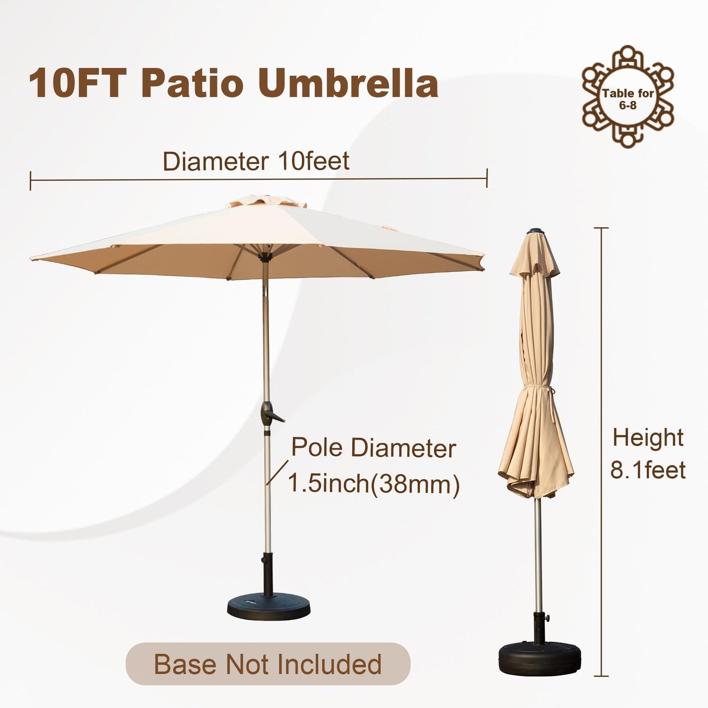 10FT Patio Umbrella, Outdoor Table Umbrella with Push Button Tilt and Crank, UV Protection Waterproof Market Sun Umbrella with 8 Sturdy Ribs for Garden, Deck, Backyard, Pool (Beige)