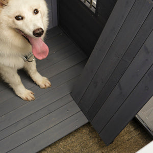 Large balcony dog house, length 44.2" x width 44.6 "x height 44.6" Solid wood asphalt roof dog house with large terrace, weatherproof large dog house, cleaning mat, feeding bowl