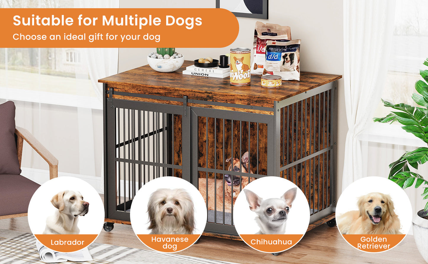 Furniture dog crate sliding iron door dog crate with mat. (Rustic Brown,43.7''W x 30''D x 33.7''H).