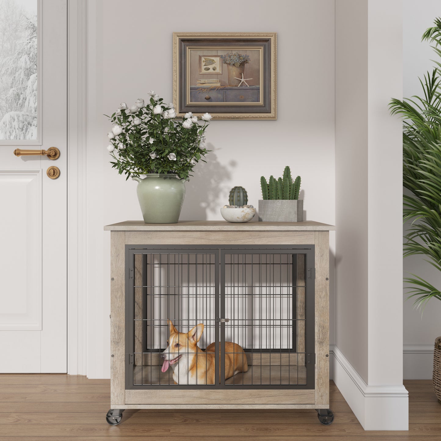 Furniture Dog Cage Crate with Double Doors on Casters. Grey, 31.50'' W x 22.05'' D x 24.8'' H.