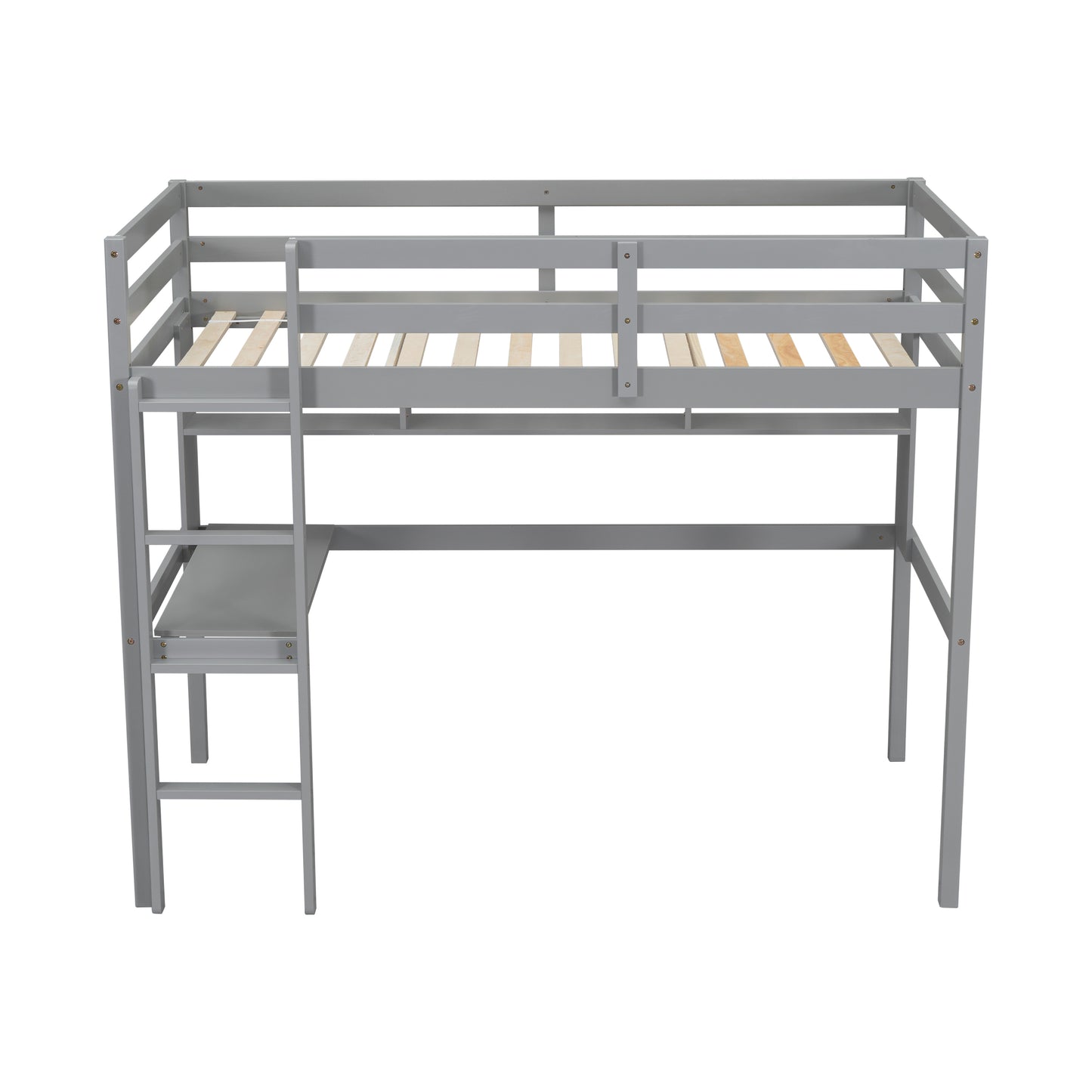 Twin Size Loft Bed with desk and shelves, Safety Guardrail and ladder,Grey