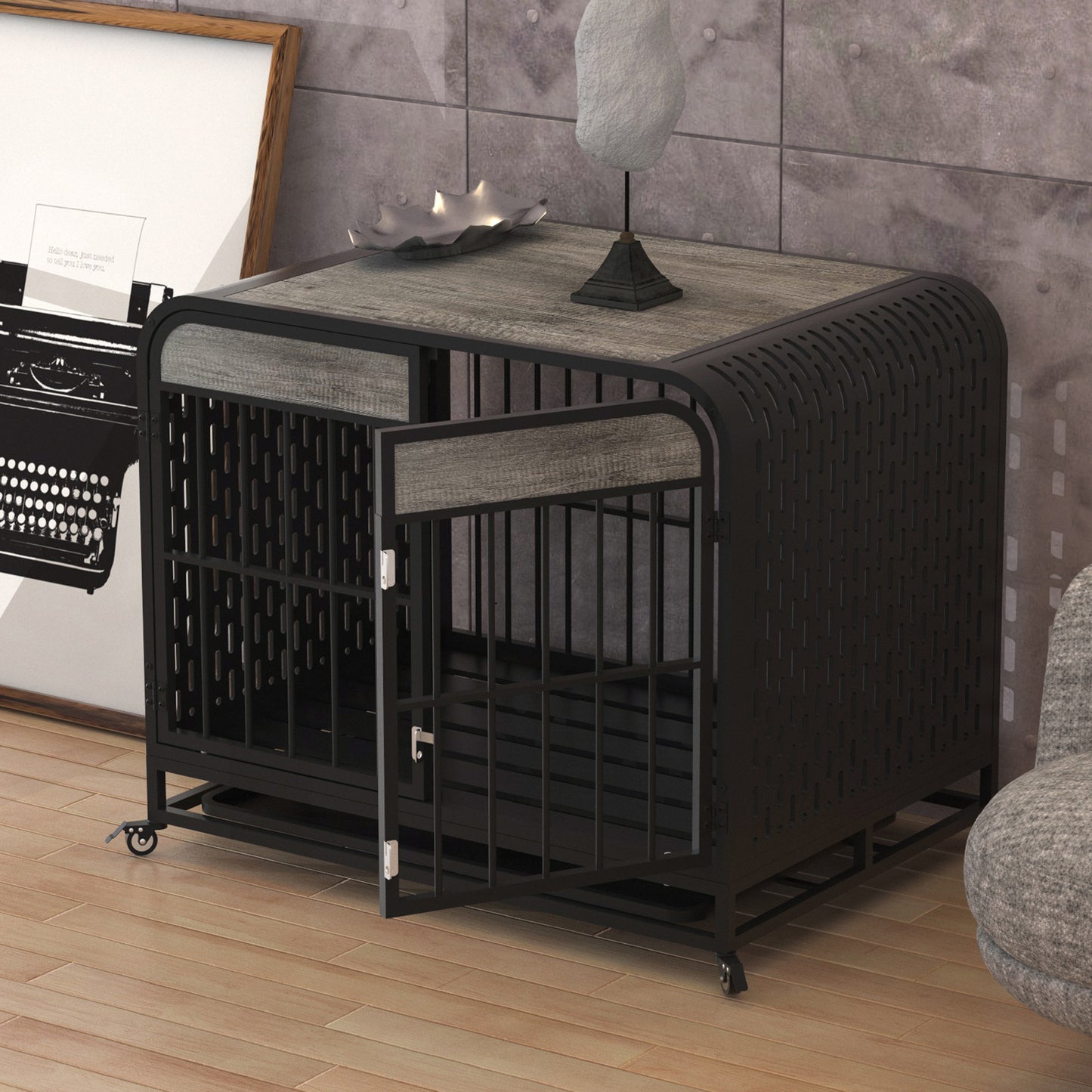 Heavy Duty Dog Crate Furniture Wooden Table Pet Dog Cage Kennel House Indoor Side End Table Decor with Removable Trays and Lockable Wheels for Small Dogs 33" Grey