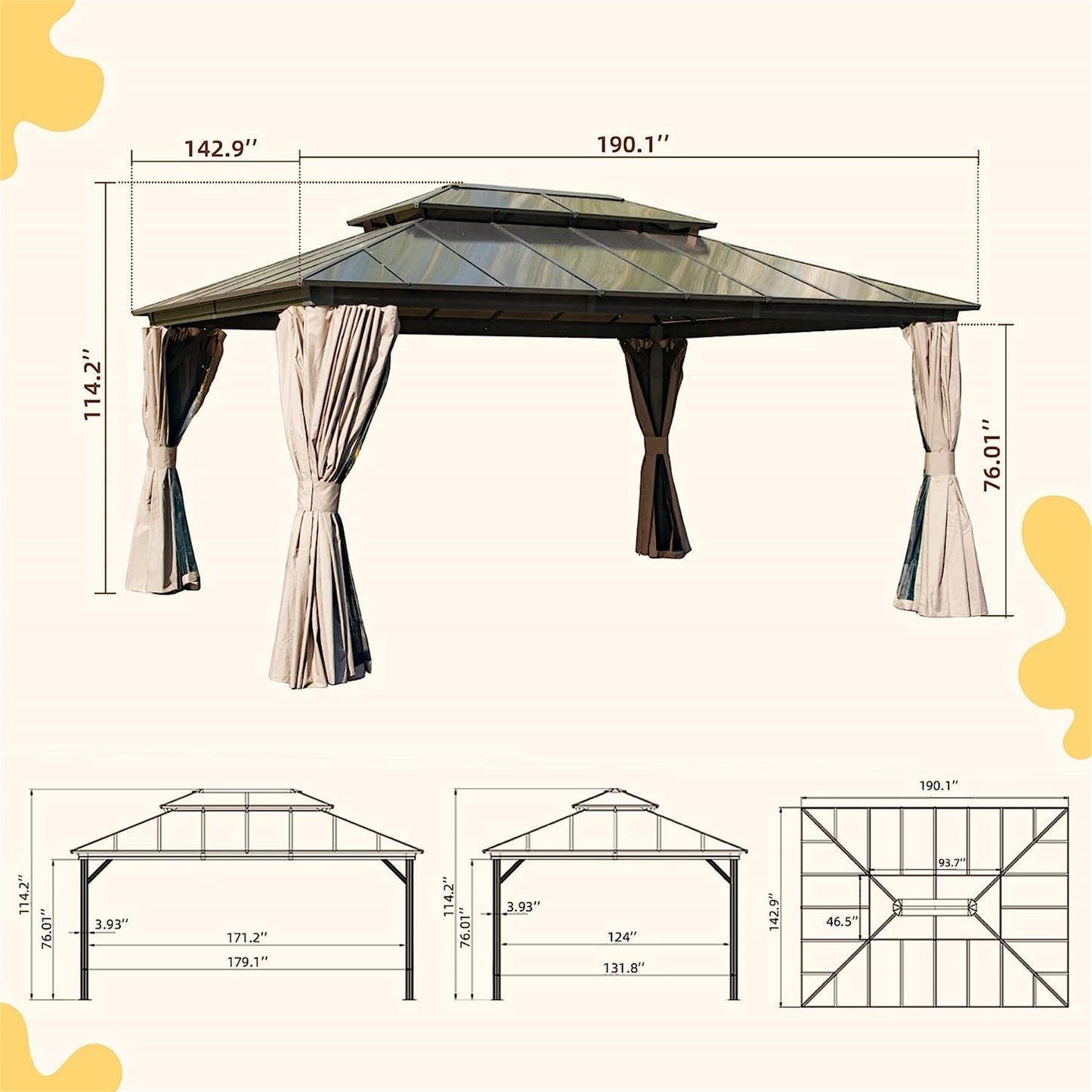 12x16ft Hardtop Gazebo, Permanent Outdoor Gazebo with Polycarbonate Double Roof, Aluminum Gazebo Pavilion with Curtain and Net for Garden, Patio, Lawns, Deck, Backyard(Brown)