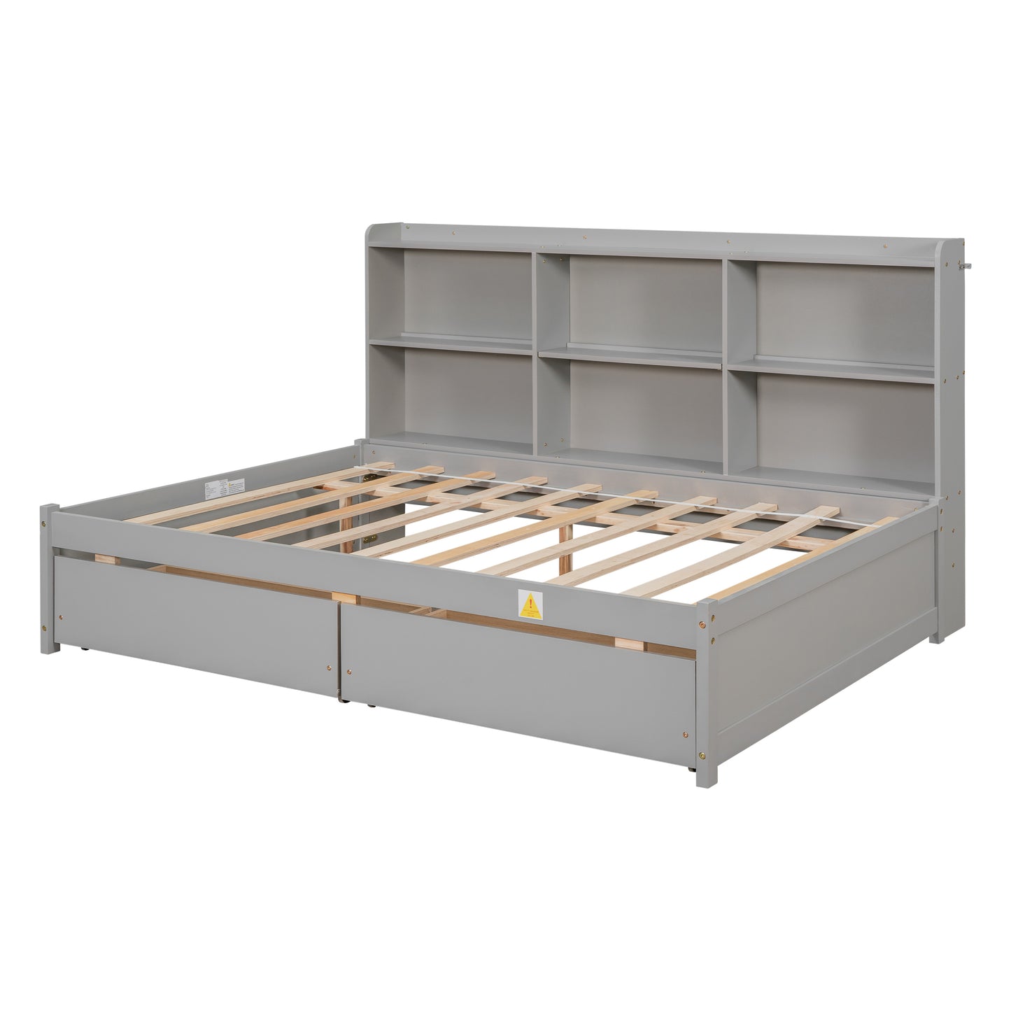 Full Bed with Side Bookcase, Drawers,Grey