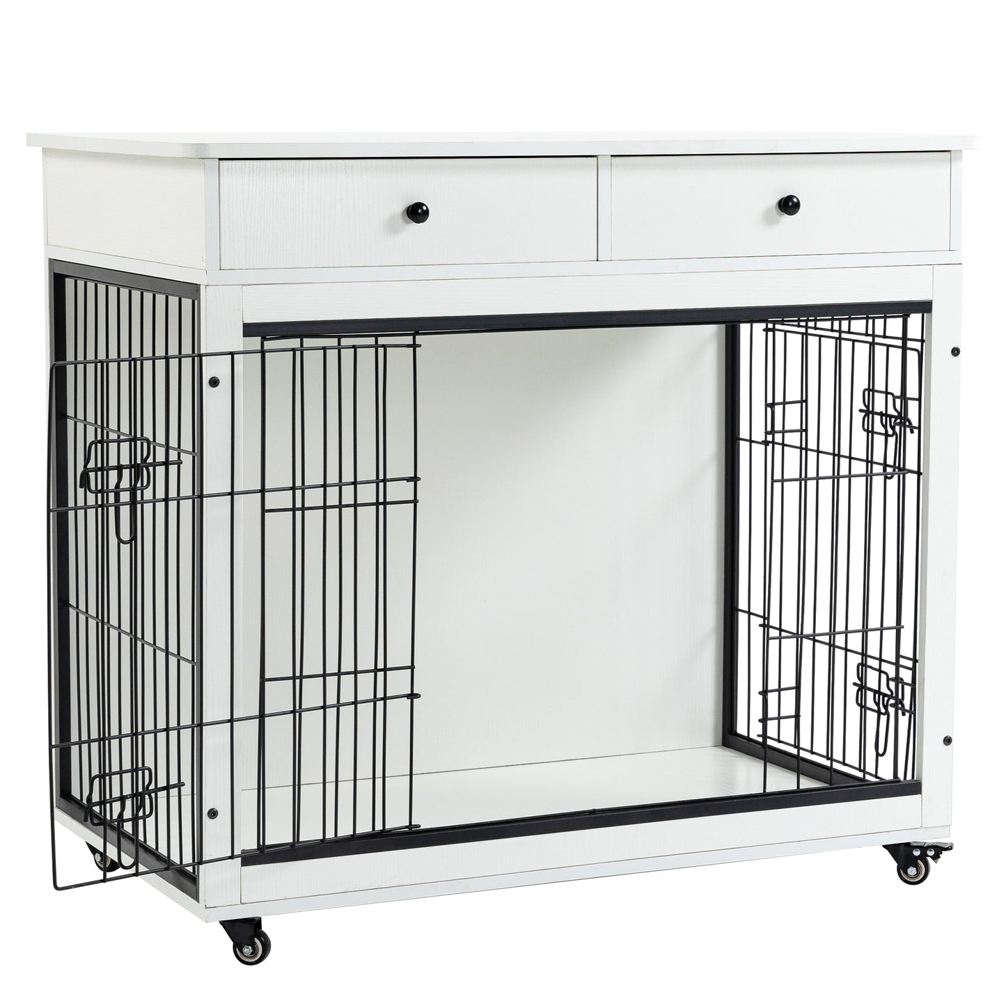 Dog Crate Furniture, Wooden Dog Crate End Table, 38.4 Inch Dog Kennel with 2 Drawers Storage, Heavy Duty Dog Crate, Decorative Pet Crate Dog Cage for Large Indoor Use (White) 38.4" L×23.2" W×35" H