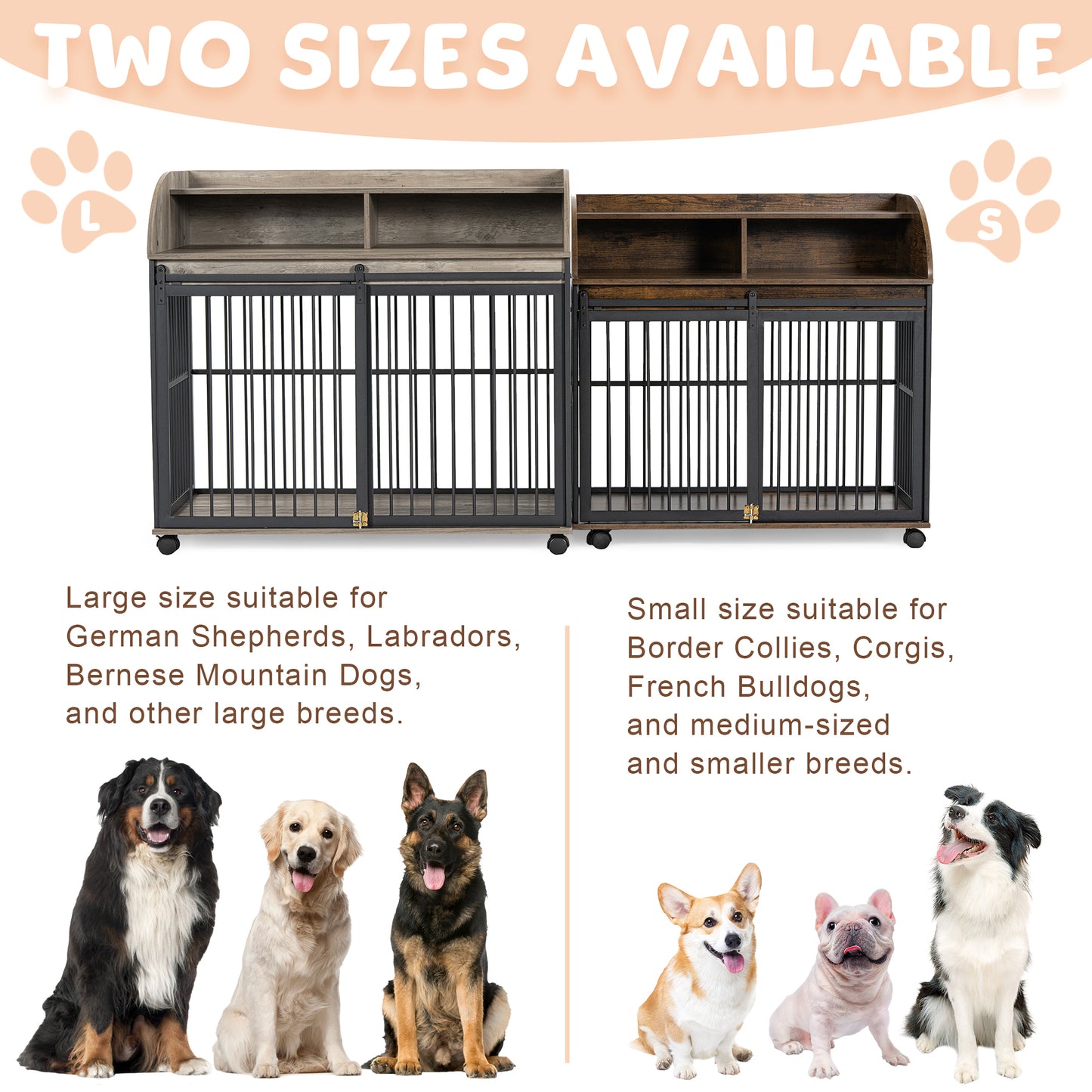 GO 44'' Heavy Duty Large Dog Crate Furniture for Large Medium Dog with Lockable Wheels, Wooden Dog Crate Dog Kennel, End Table Crate with Double layer storage, Gray