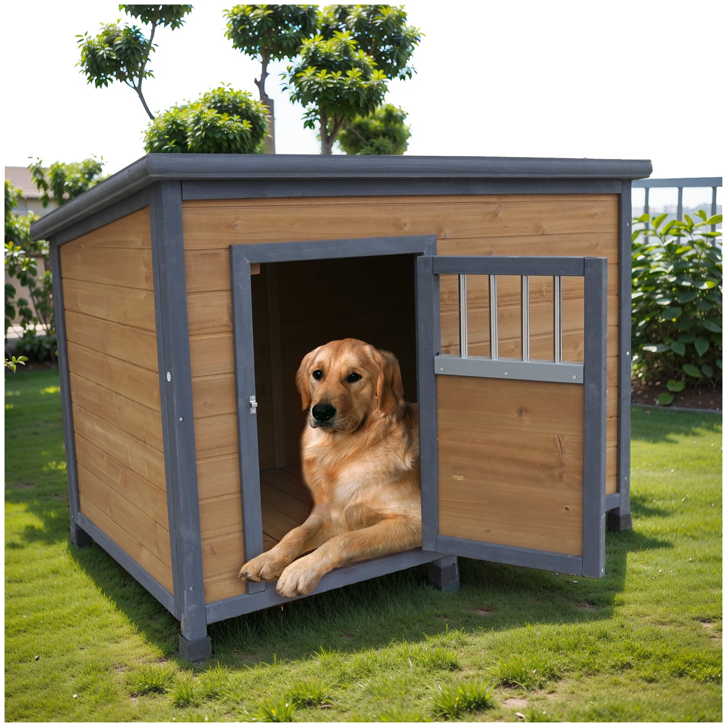 45"large solid wood dog house, waterproof PVC plastic roof, breathable wooden doors