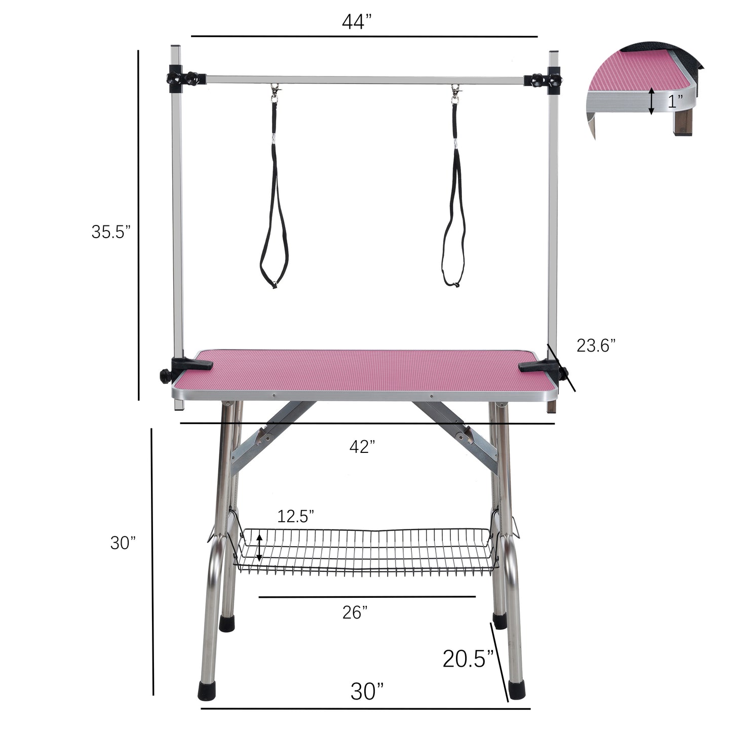 42" Folding Dog Pet Grooming Table Stainless Steel Frame Rubber Mat on Board with Adjustable Arm and Clamps pet dog Cat Grooming Table (PINK COLOR)