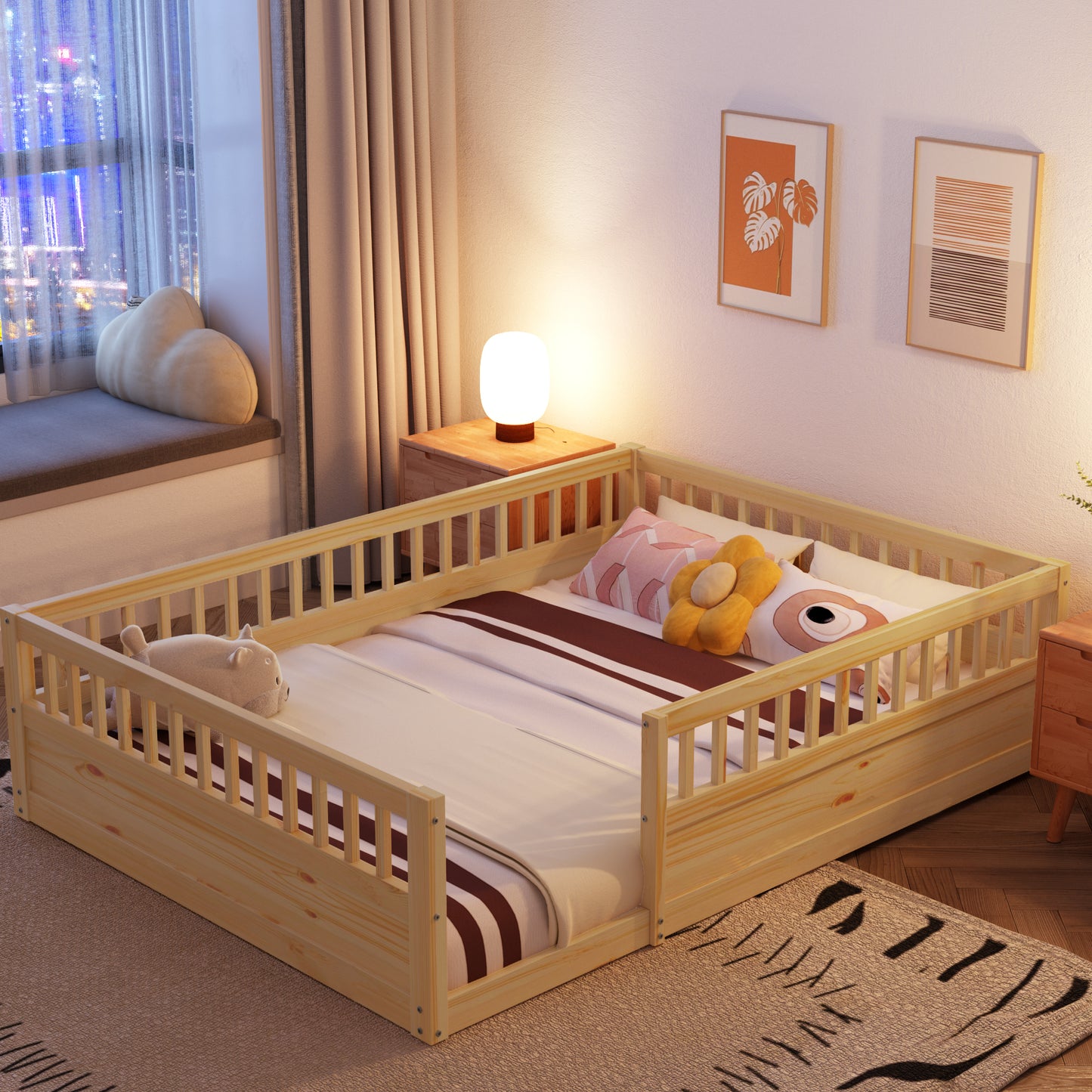 Full Floor Bed Frame with Fence, Wood Kids Floor Beds Frame for Bedroom Playroom,Natural(Expect arrive date Jul. 10th)