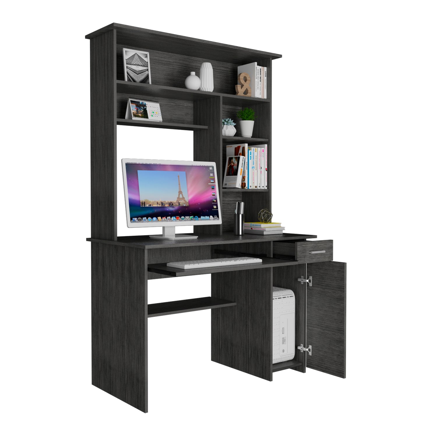 Compu 180 Hutch Desk, Multiple Shelves, Retractable Keyboard Tray, CPU Door Panel, One Drawer, Grey Oak -Smokey Oak